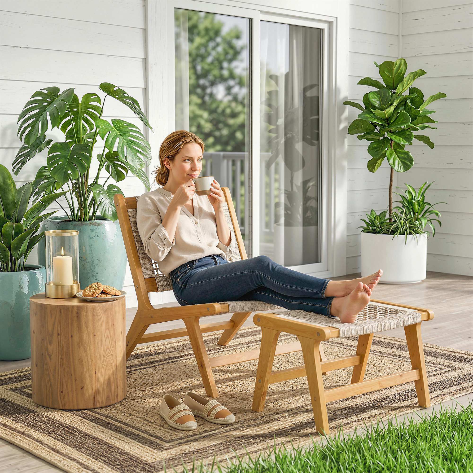Gartensessel mit Hocker 2-teilig Akazienholz Outdoor Loungesessel mit Rattan-Sitz Boho-Stil verstellbare Füße