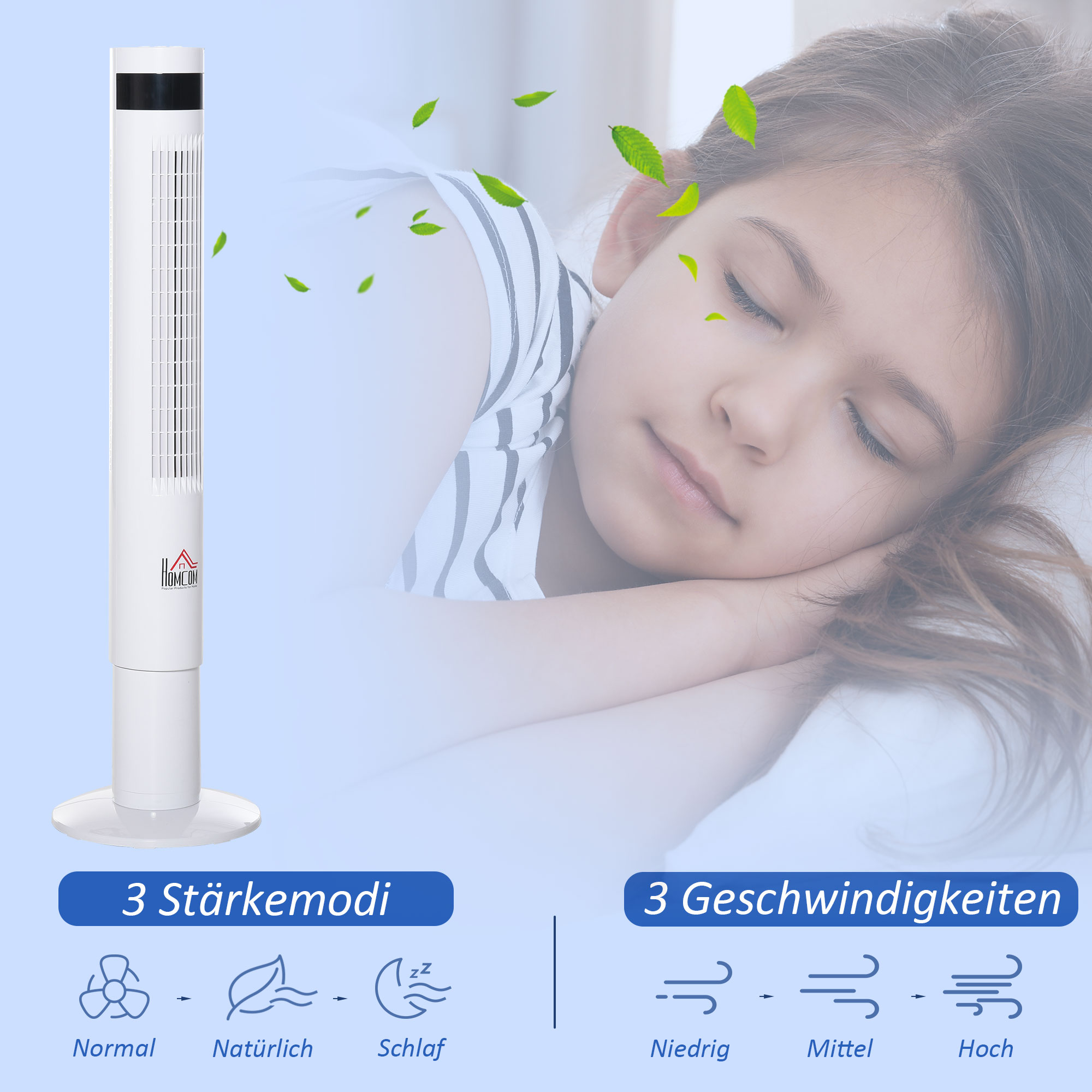 Turmventilator, Standventilator mit 3 Belüftungsstufen, Fernbedienung, 50W Ventilator mit 12H Timer, LCD-Anzeige, 85° Oszillation, für Schlafzimmer, Weiß