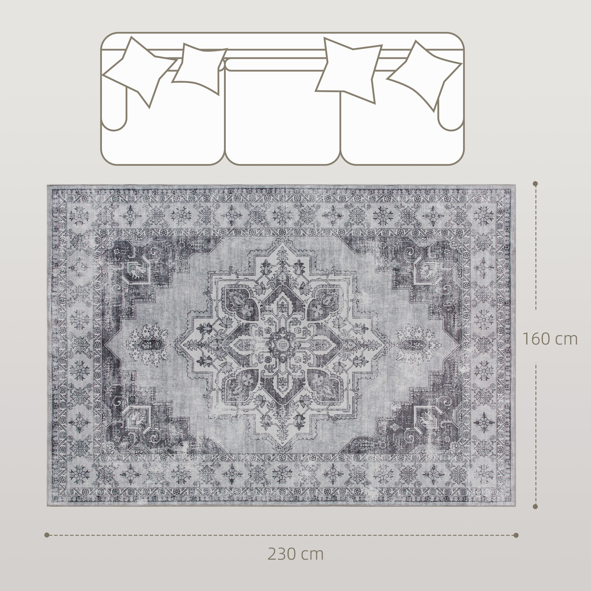 Teppich Maschinenwaschbar Anti-Rutsch Wohnzimmerteppich mit Flanell-Optik, 230 x 160cm, Grau