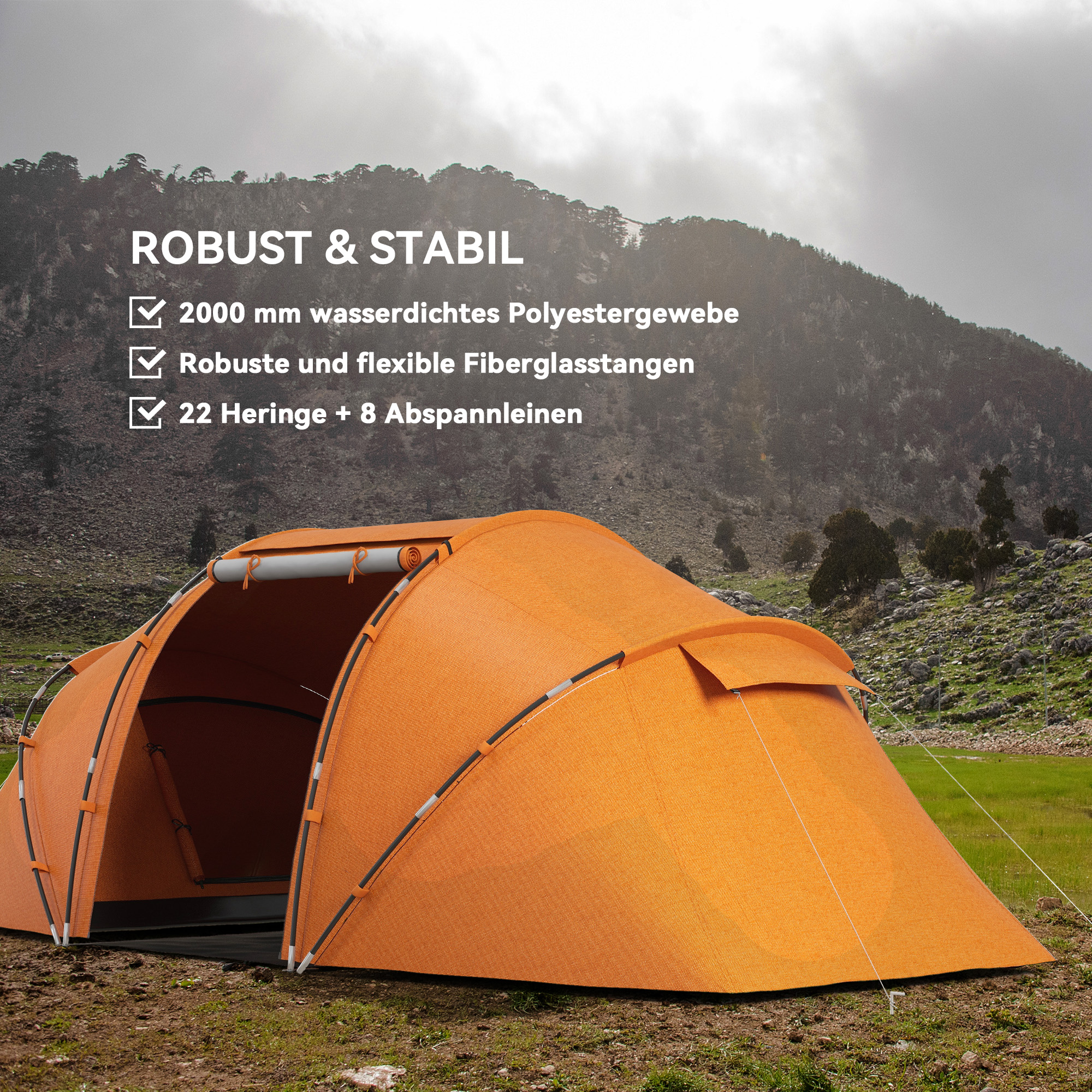 Tunnelzelt für 4-6 Personen, Campingzelt mit Tür, Bodenplane, 2000mm wasserdicht Orange