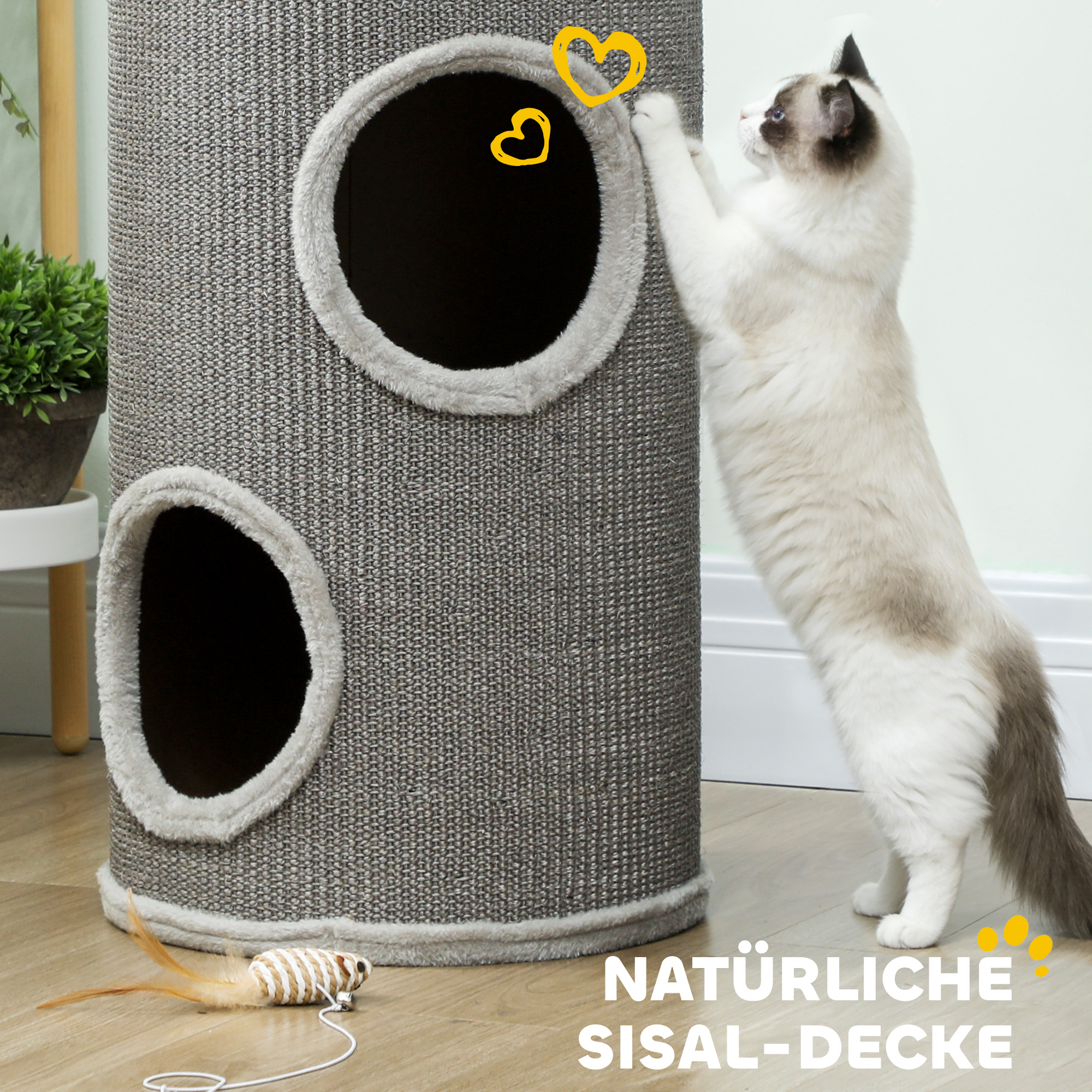 Kratztonne, 60 cm Hoch Ø 35 cm zweistöckige Katzentonne mit 2 Höhle, Plüschrand, für 1-2 Katzen bis 5 kg, Hellgrau