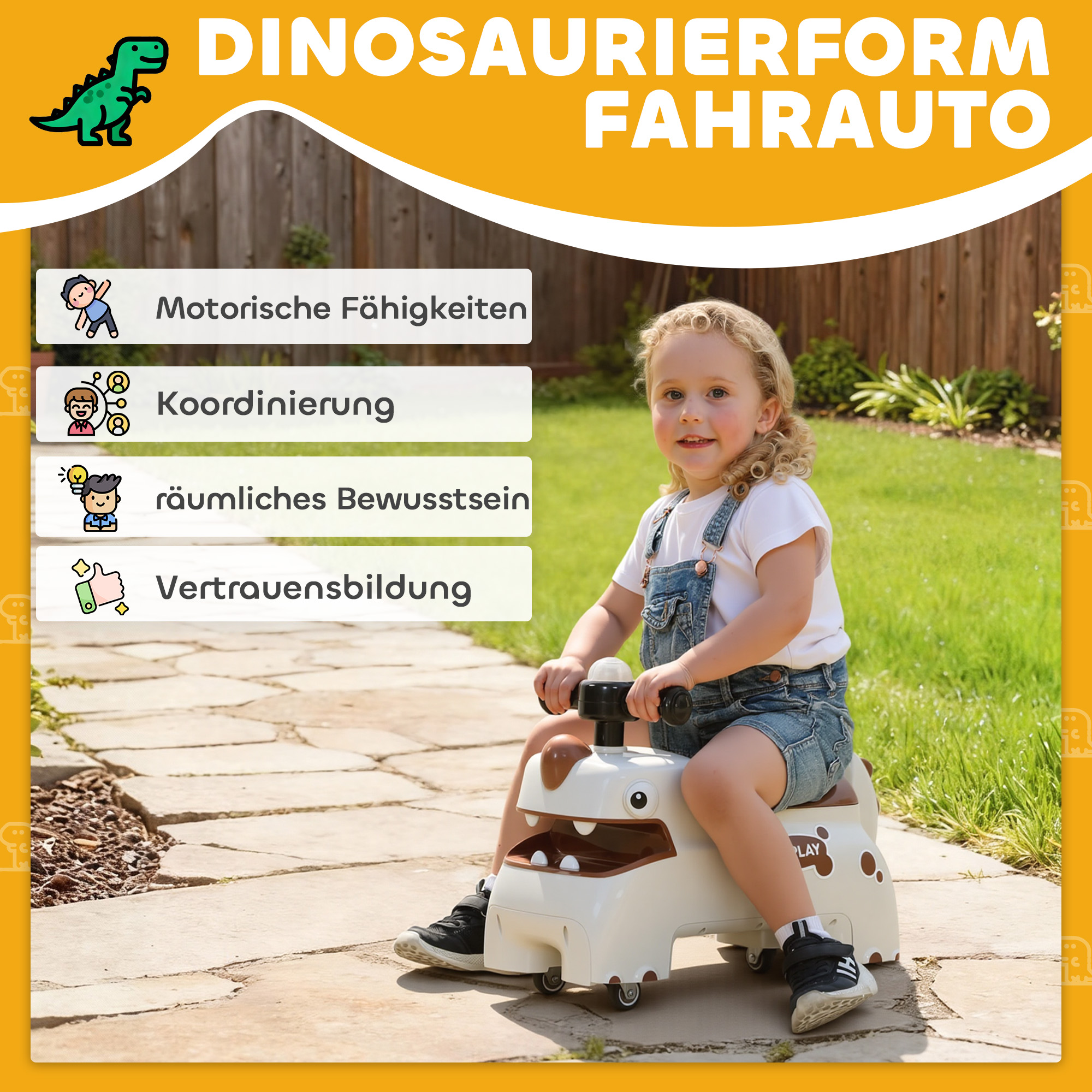 Rutschauto, Dino-Design, Lenkrad, Lichter, Geräusche, 4 Räder, Cremeweiß+Braun
