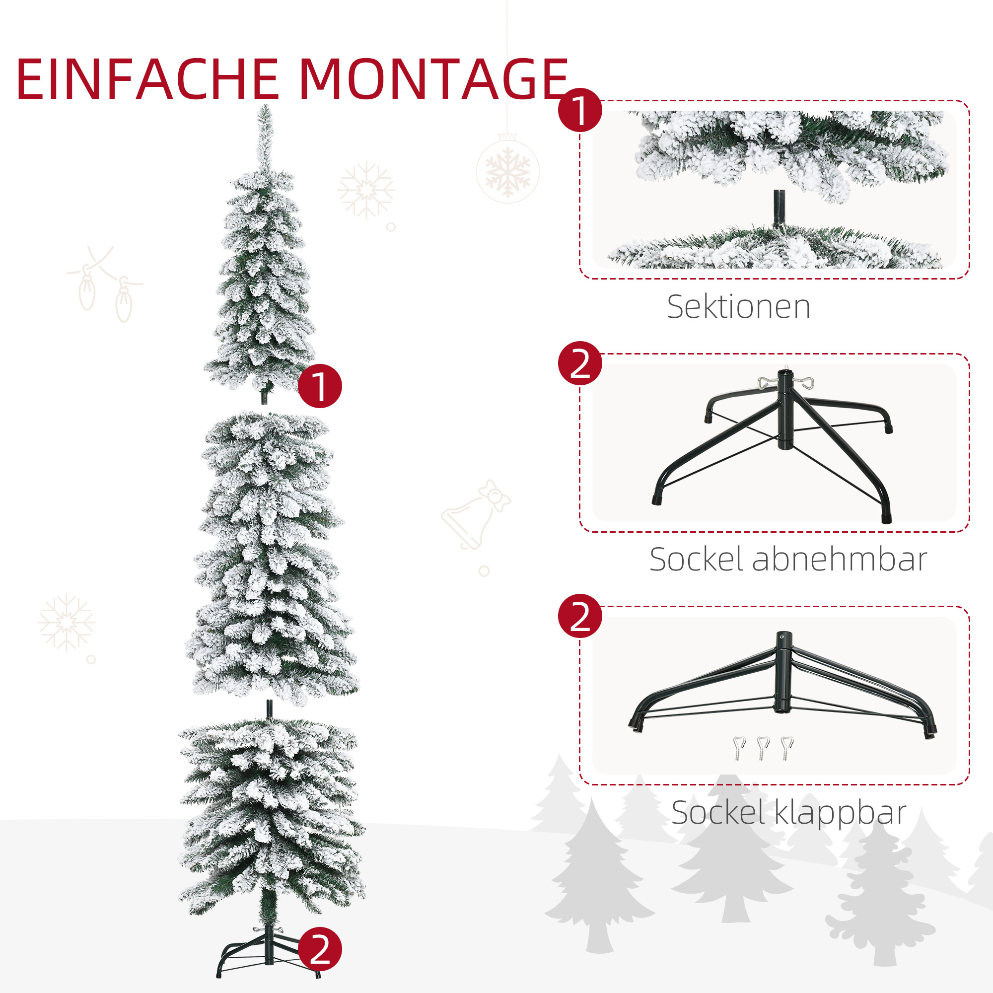 Künstlicher Weihnachtsbaum, schneebedeckt, schmales Design, feuerfest, 210 cm, Grün/Weiß
