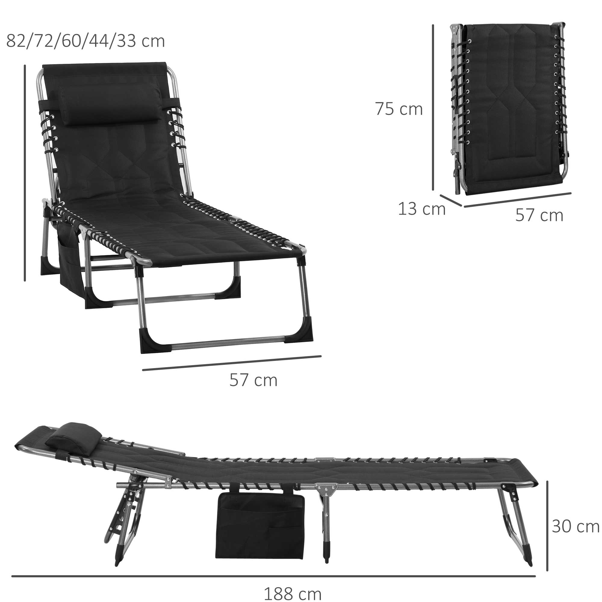Sonnenliege faltbar Gartenliege Klappliege mit Kissen Garten 5-stufige Rückenlehne verstellbar Stahl Oxford-Stoff Schwarz 188 x 57 x 30 cm