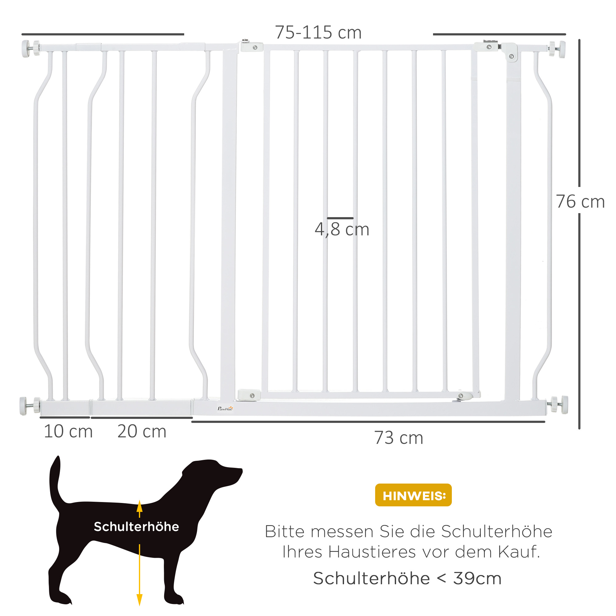 Hunde-Absperrgitter, Klemmmontage, verstellbare Länge, Stahl/ABS, 75-115 x 76cm, Weiß