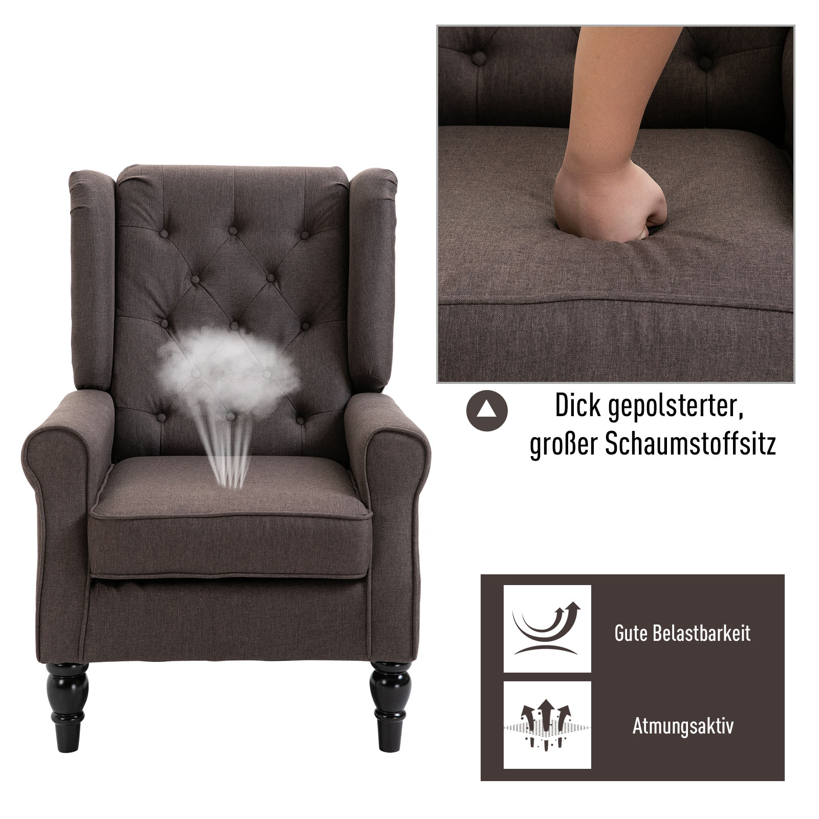 Ohrensessel Sessel mit Tufting, hoher Rückenlehne, Gepolstert Loungesessel mit abgerundeten Armlehnen, Holzbeine, für Schlafzimmer, Wohnzimmer, bis 160 kg, Braun
