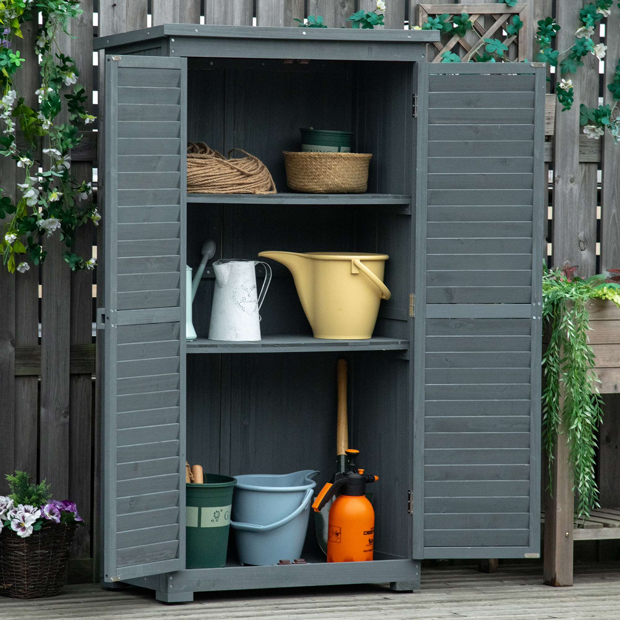 Gartenschrank Holz Gerätehaus Geräteschuppen Geräteschrank Holzhütte Pultdach Bitumenpappe Lamellentüren Grau 87 x 46,5 x 160 cm