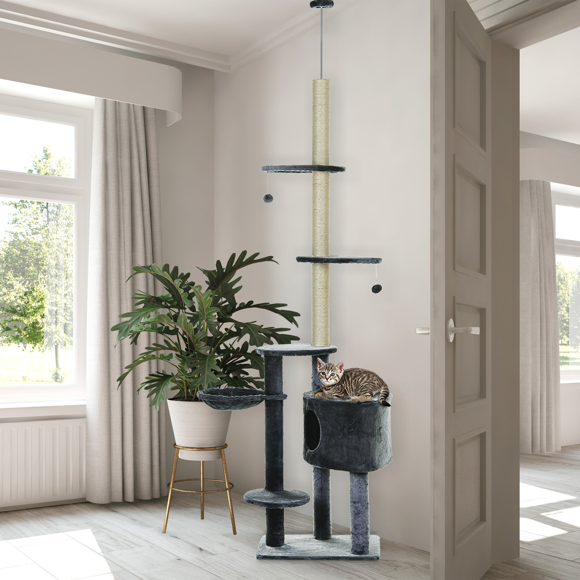 Kratzbaum deckenhoch Höhe 220-265 cm Katzenbaum mit Spielbälle, Katzenhöhle, Hängematte, Sisalstämme, Plattformen mehrstöckiger  Katzenkratzbaum Kletterbaum für mittelgroße Katzen, Dunkelgrau