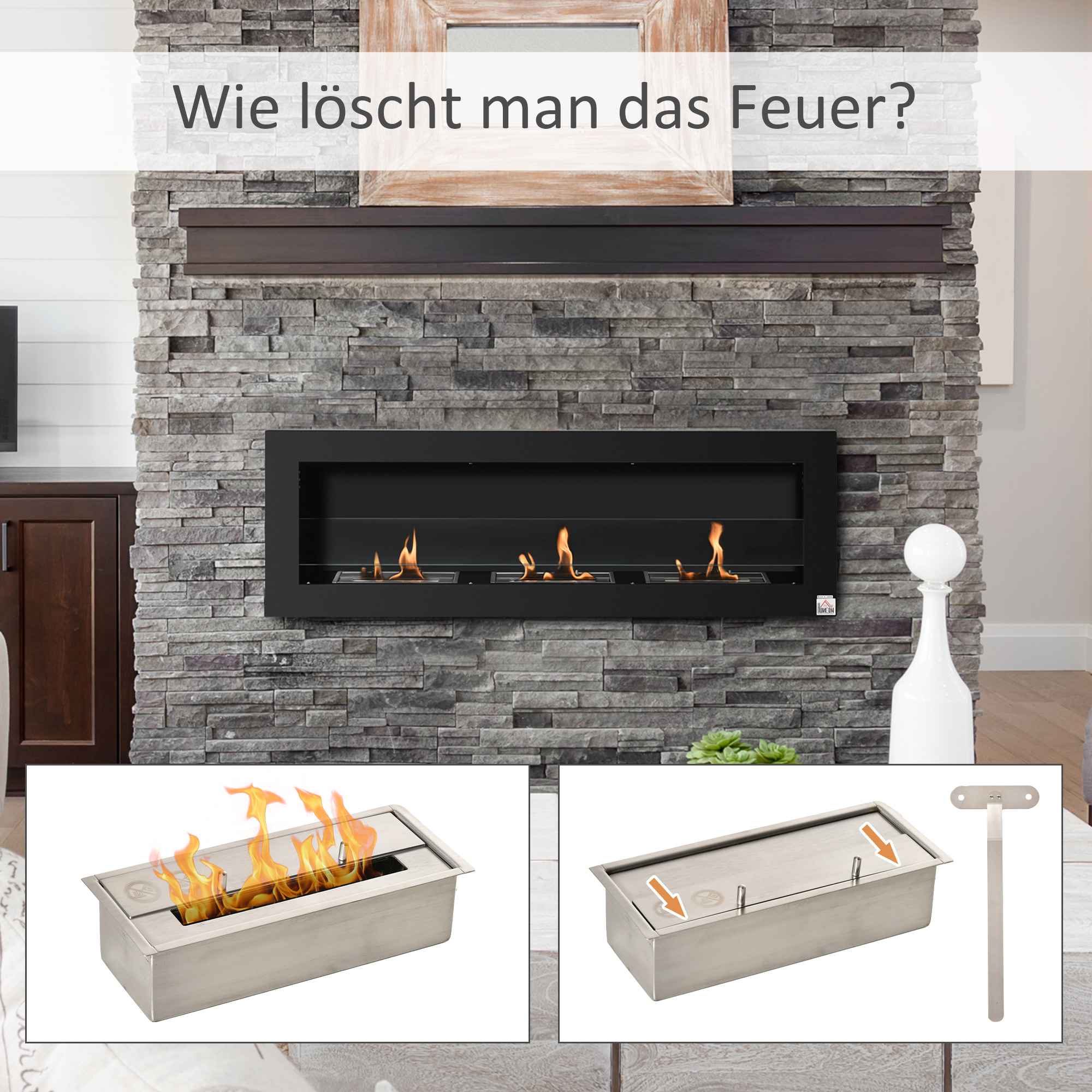 Ethanol-Kamin Bio-Ethanol-Brenner 3 Brennboxen 1L 3 Std, Brenndauer 2000W kein Rauch wandmontiert Stahl gehärtetes Glas Schwarz 120 x 15 x 40 cm