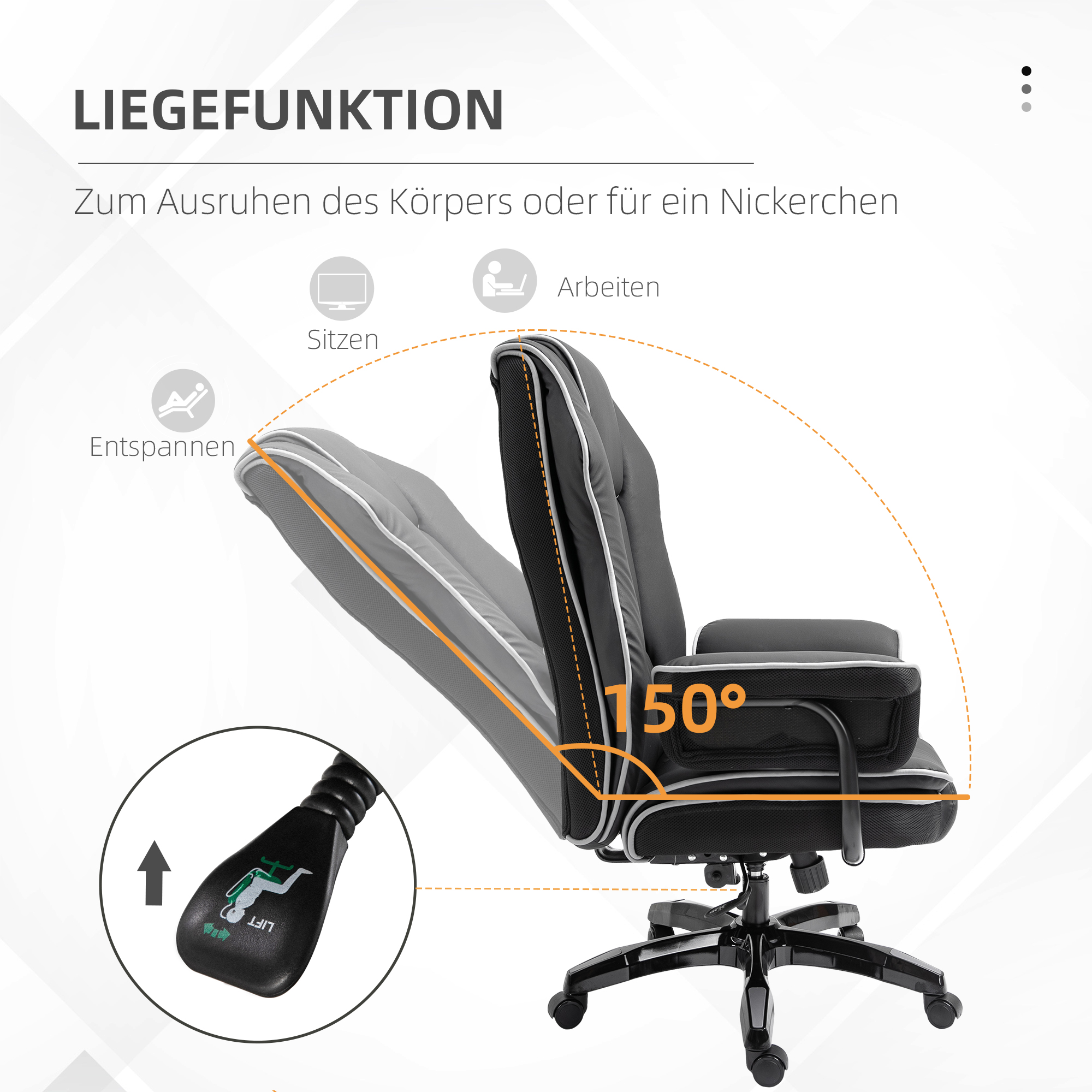 Bürostuhl, Ergonomisch Schreibtischstuhl mit Liegefunktion, Drehfunktion, Höhenverstellbar Computerstuhl für Home-Office, Kunstleder, Schwarz