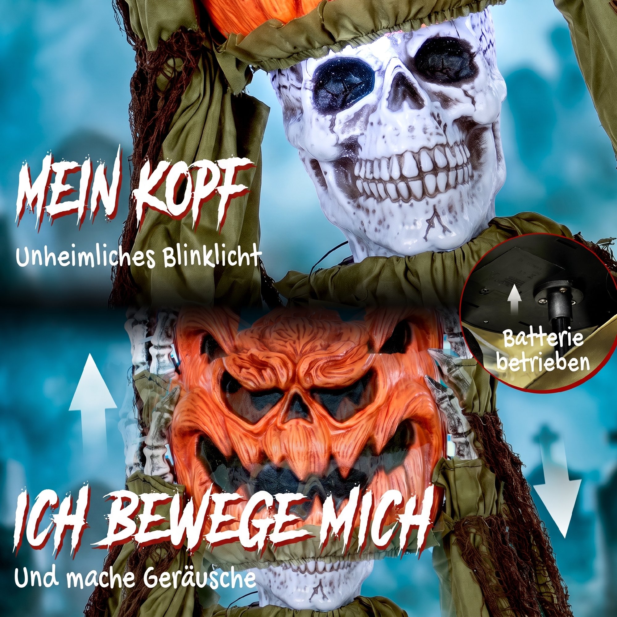 animiertes Pop-up-Kürbis-Skelett, 173 cm, gruselige Halloween-Deko mit Licht sowie Sound- und Berührungsaktivierung