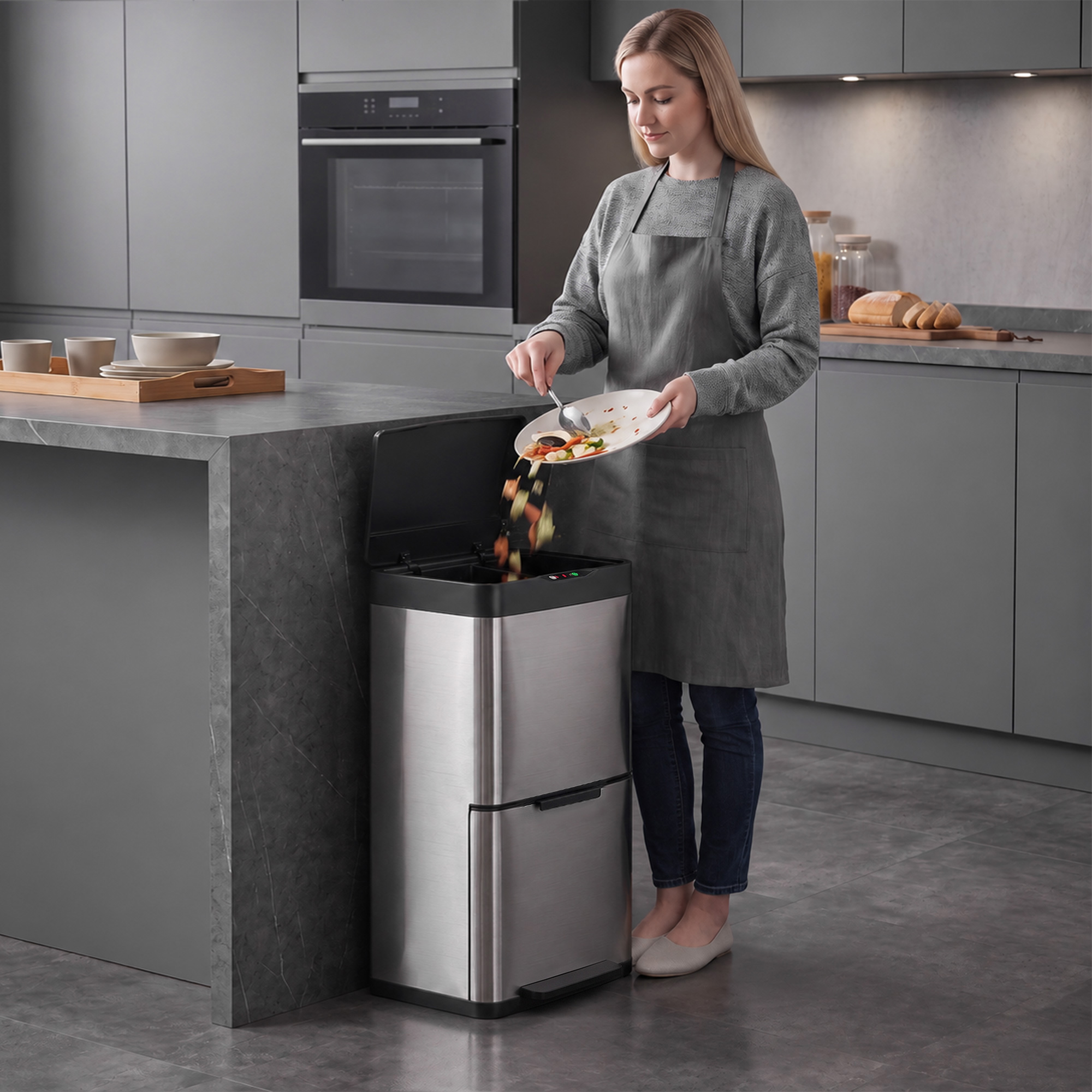40L Sensormülleimer, 3 Fächer (2 x 12,5L + 15L), mit Soft-Close- & Offenhaltefunktion, Silber