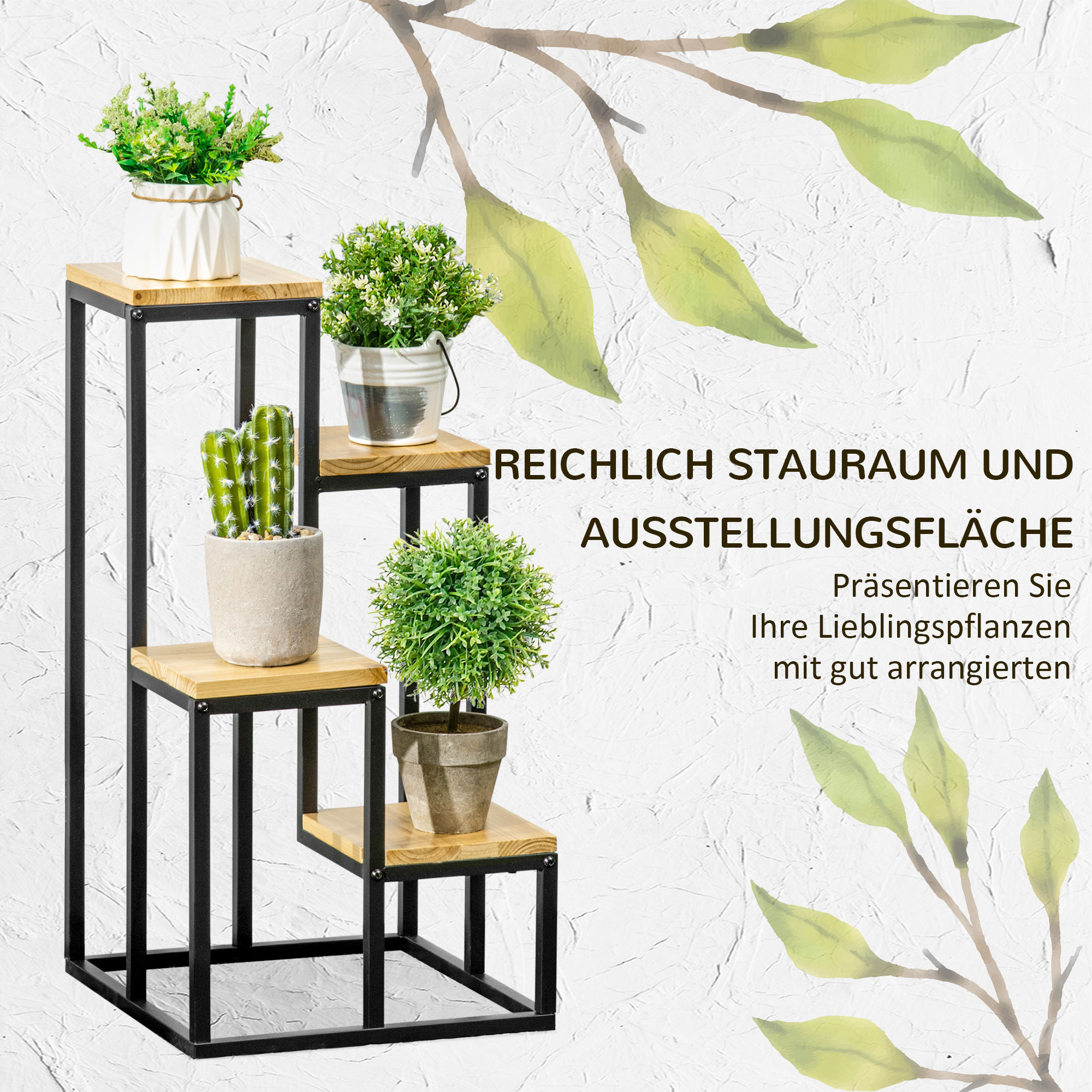 Pflanzenständer im Industrie Design mit 4 Regalen, Blumentreppe, 34 cm x 34 cm x 66 cm, Natur + Schwarz