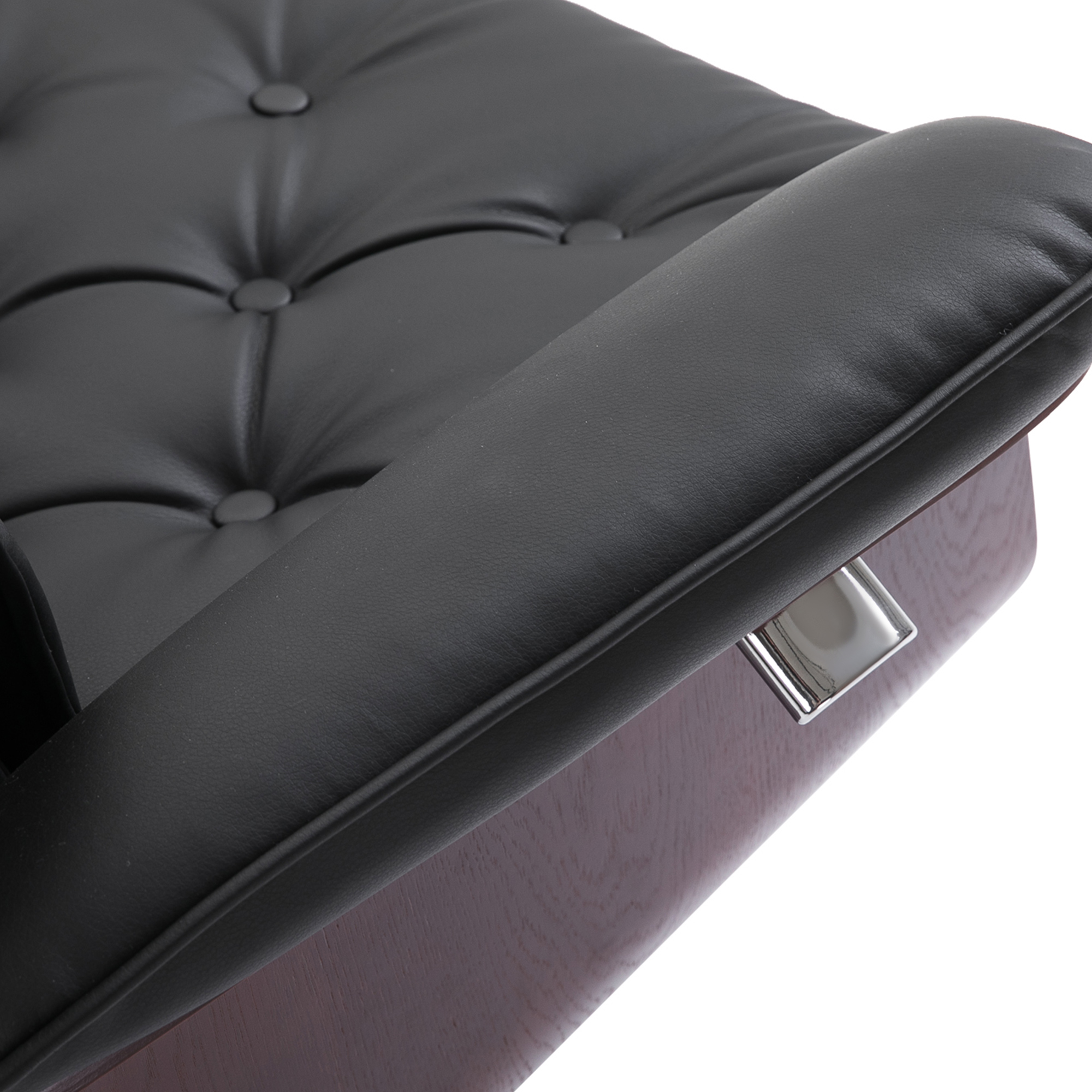 Relaxsessel mit Hocker Fernsehsessel Polstersessel 360° drehbar 145° neigbar mit Retro-Design Chesterfield PU-Bezug Holzverkleidung Metallfuß Schwarz 82 x 83 x 110 cm