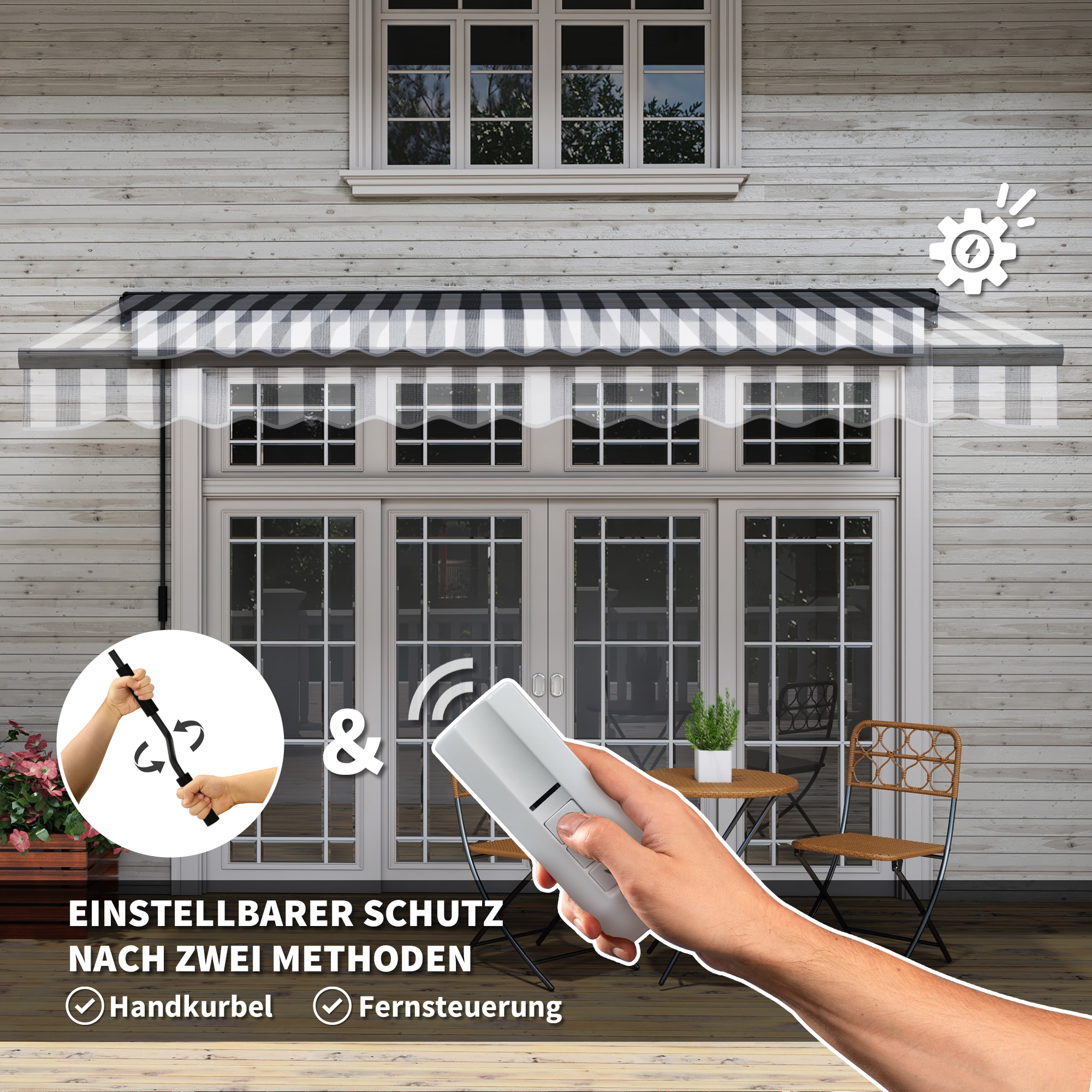 Sonnenmarkise Markise Terrassenmarkise, wetterbeständig, 1 Handkurbel, 395 x 250 x 150 cm, Grau + Weiß