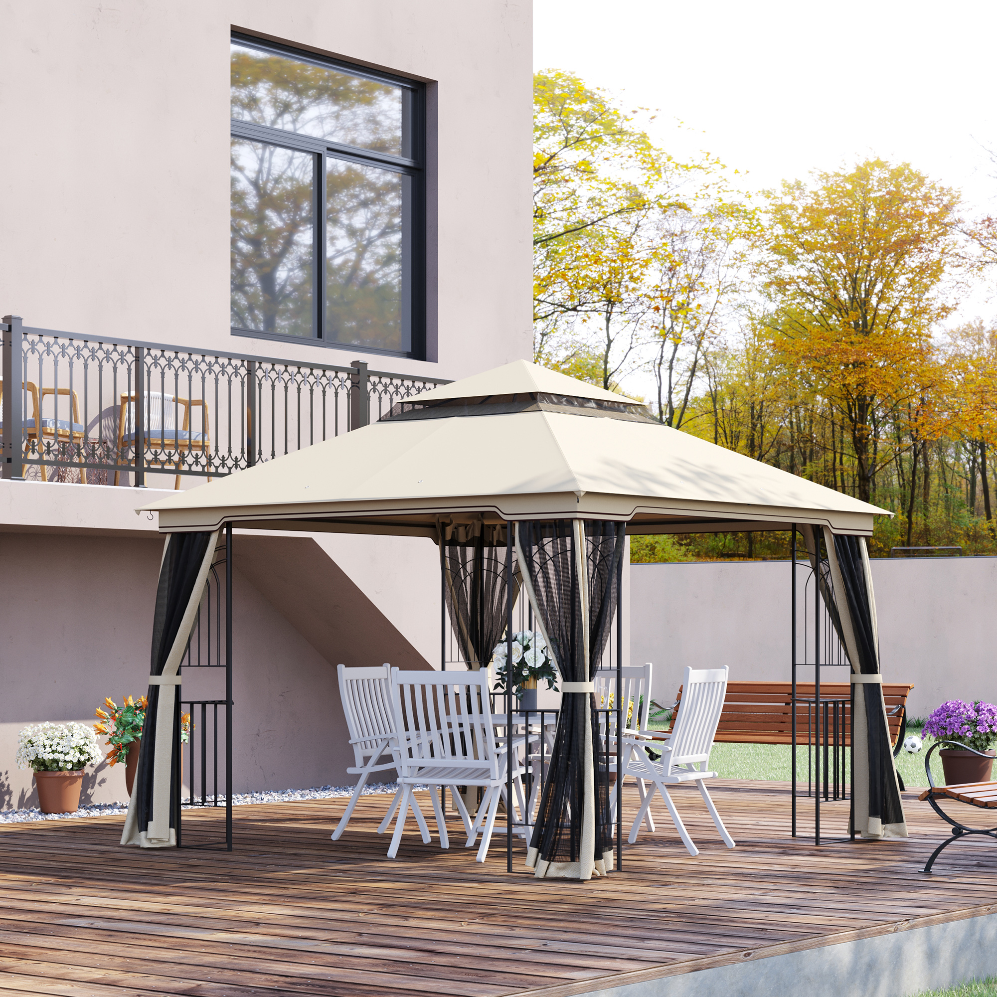 Gartenpavillon mit Doppeldach Pavillon Gartenzelt Festzelt Partyzelt mit 4 x Seitenwand Metall+Polyester Beige 2,99 x 2,99 x 2,74 m