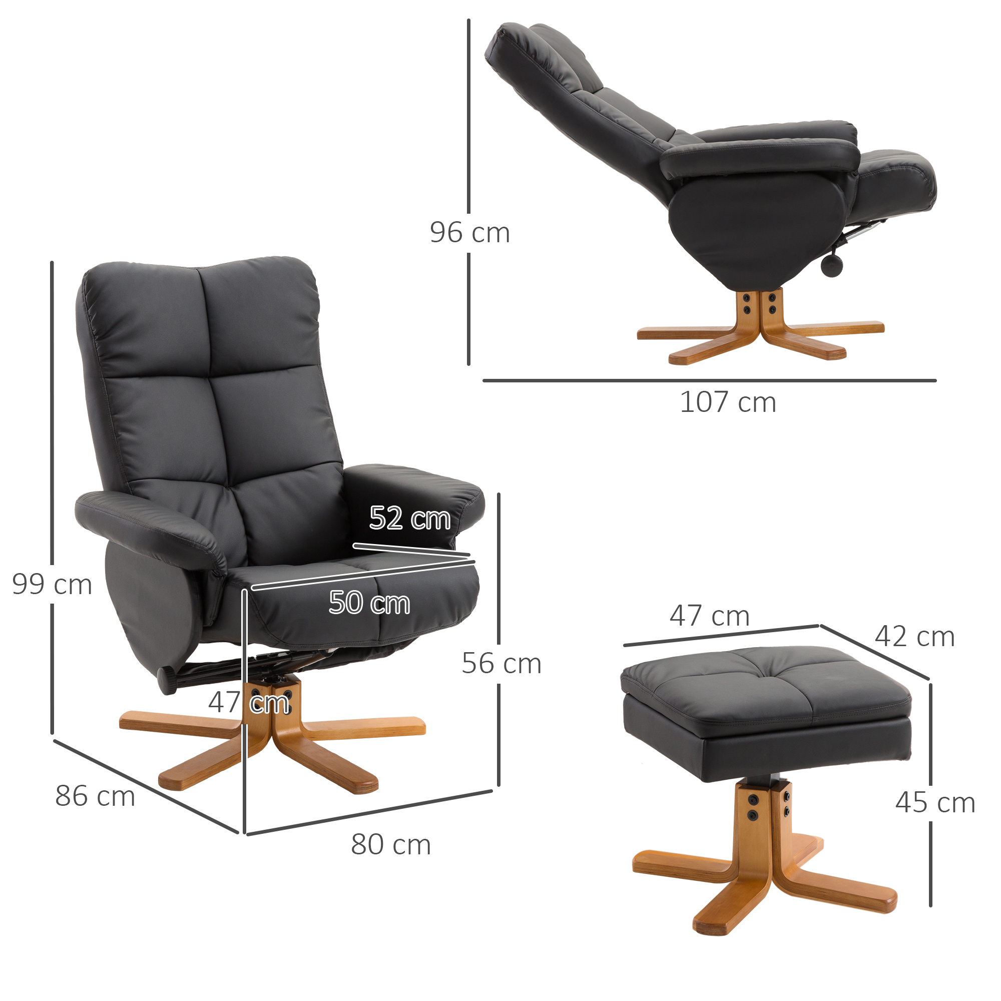 Relaxsessel mit Hocker, Stauraum, Gepolstert Fernsehsessel mit Liegefunktion, 360° Drehbar TV-Sessel für Schlafzimmer, Wohnzimmer, Kunstleder, Schwarz