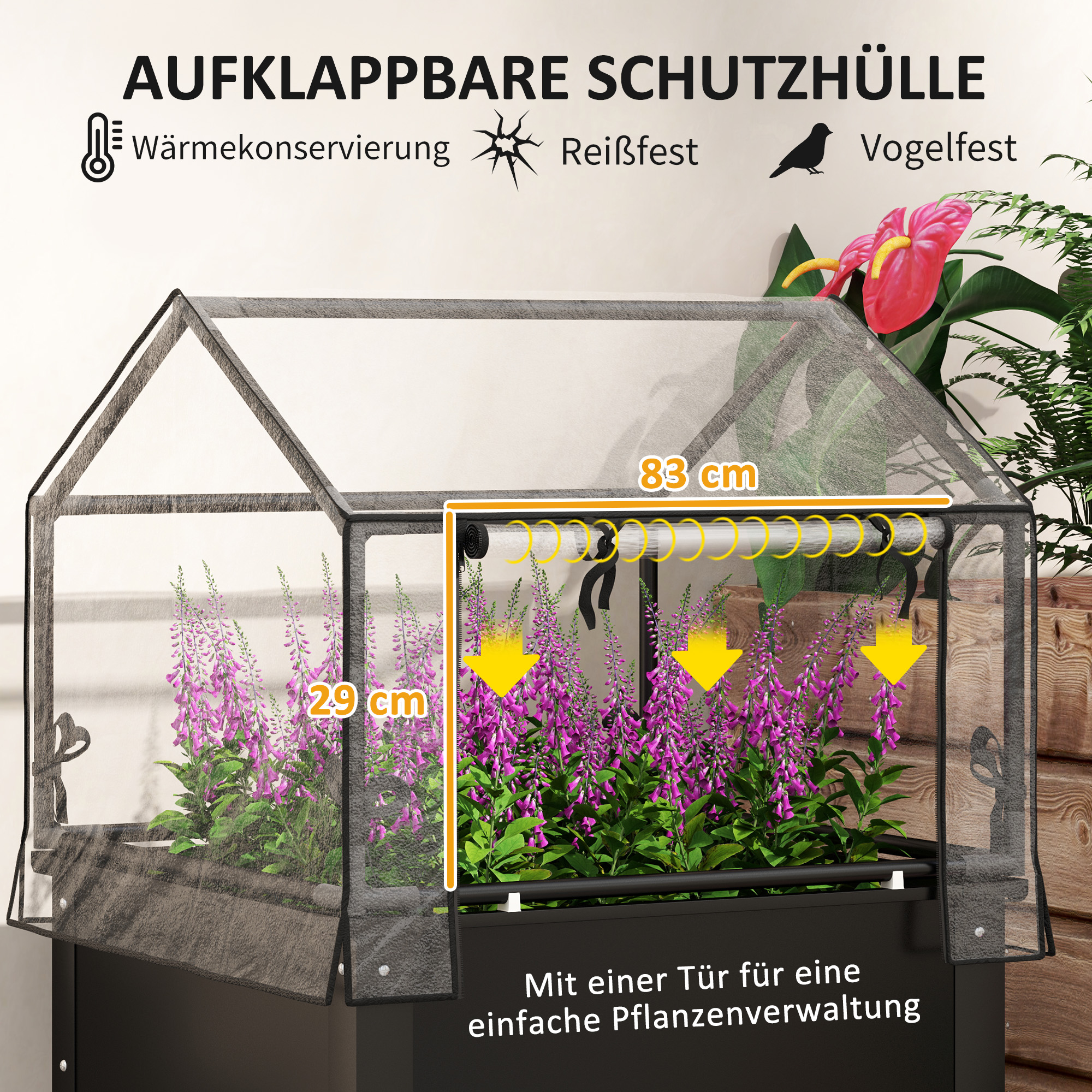Hochbeet mit Gewächshaus-Dach, erhöhte Pflanzenbox mit Ablauflöchern, 60 x 60 x 120 cm, Schwarz