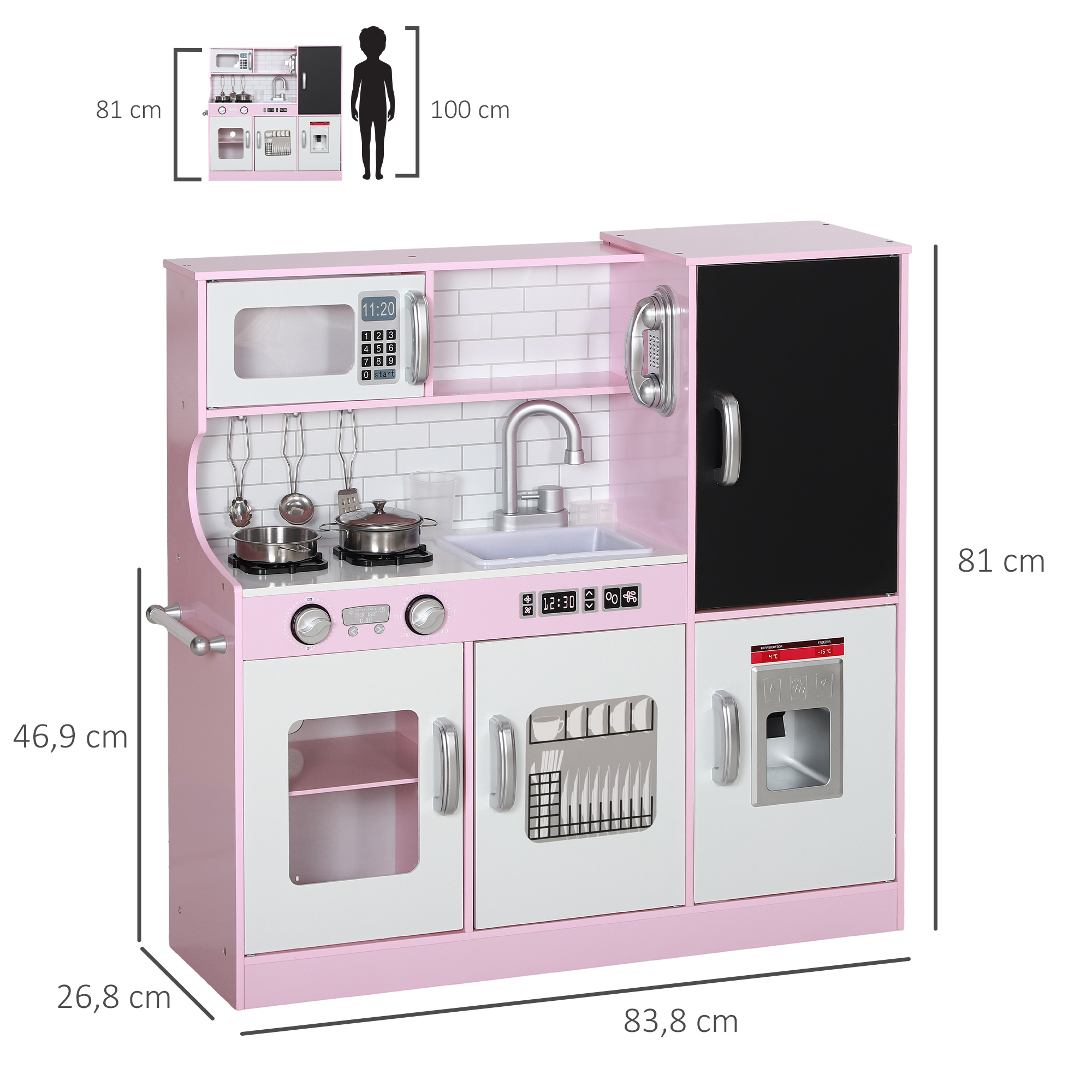 Spielküchen-Set mit Töpfen, Tafel, Telefon, Eismaschine, Herd, 83,8 x 26,8 x 81 cm, Pink
