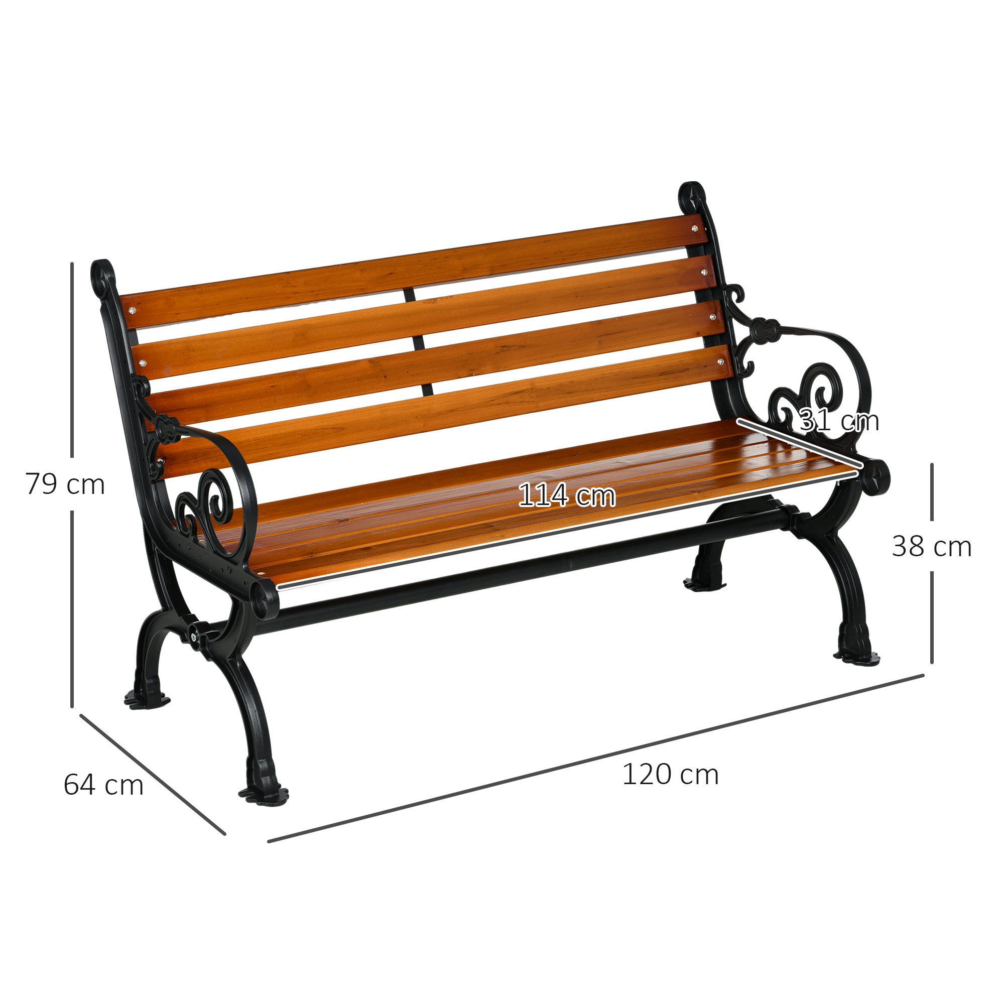 Sitzbank für 2 Personen, dekorative Armlehnen, für Garten & Terrasse, Gussaluminium+Naturholz, 120 x 64 x 79 cm, Teak