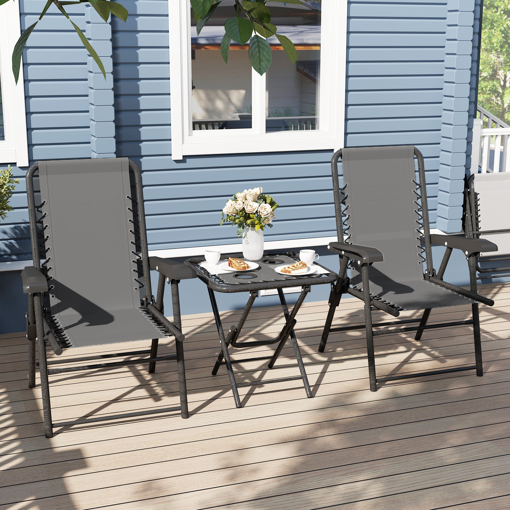 Bistro Set 3-teilig aus Stahl Wetterfest Gartenmöbel Set mit klappbar Bistrotisch Becherhalter Gartenstühlen Dunkelgrau