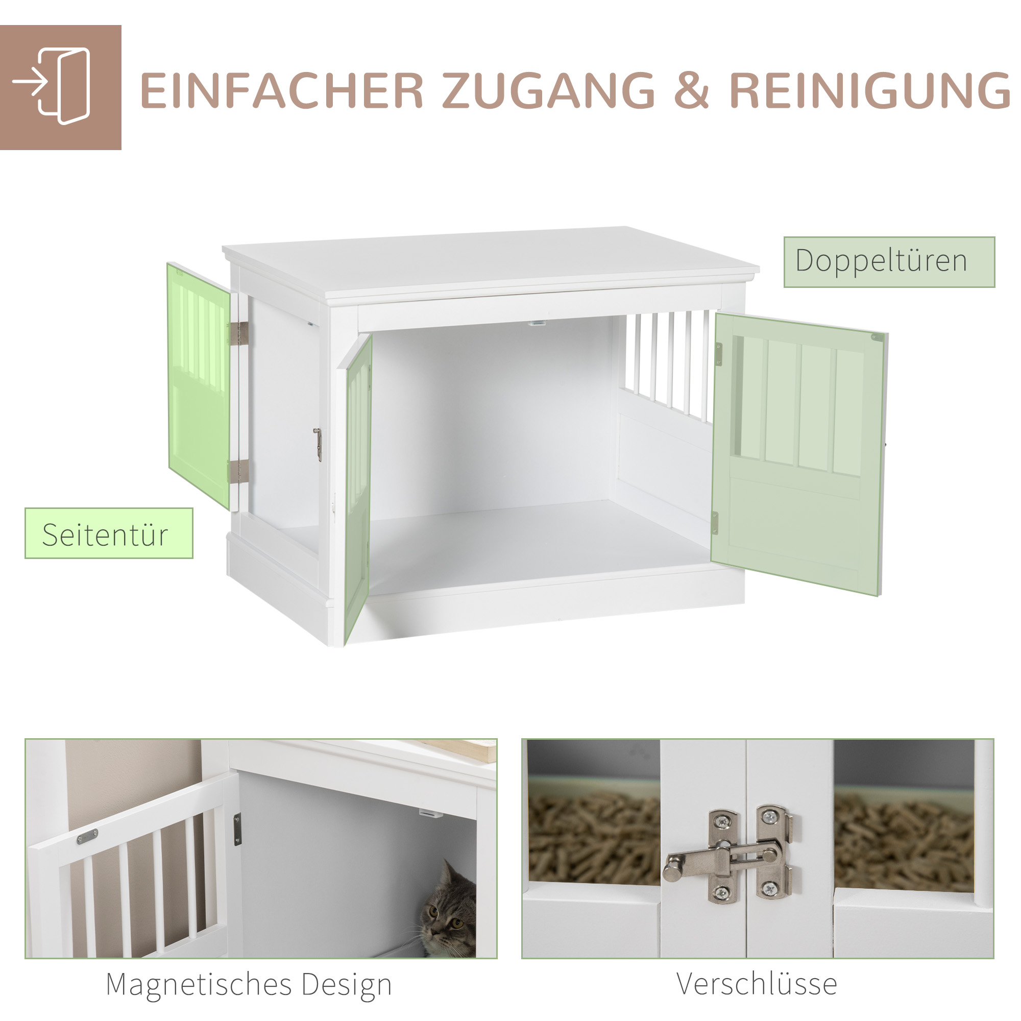 Hundekäfig, Möbel mit 3 Türen Hundehütte Hundebox für Zuhause 78 x 53 x 59,3 cm, Weiß