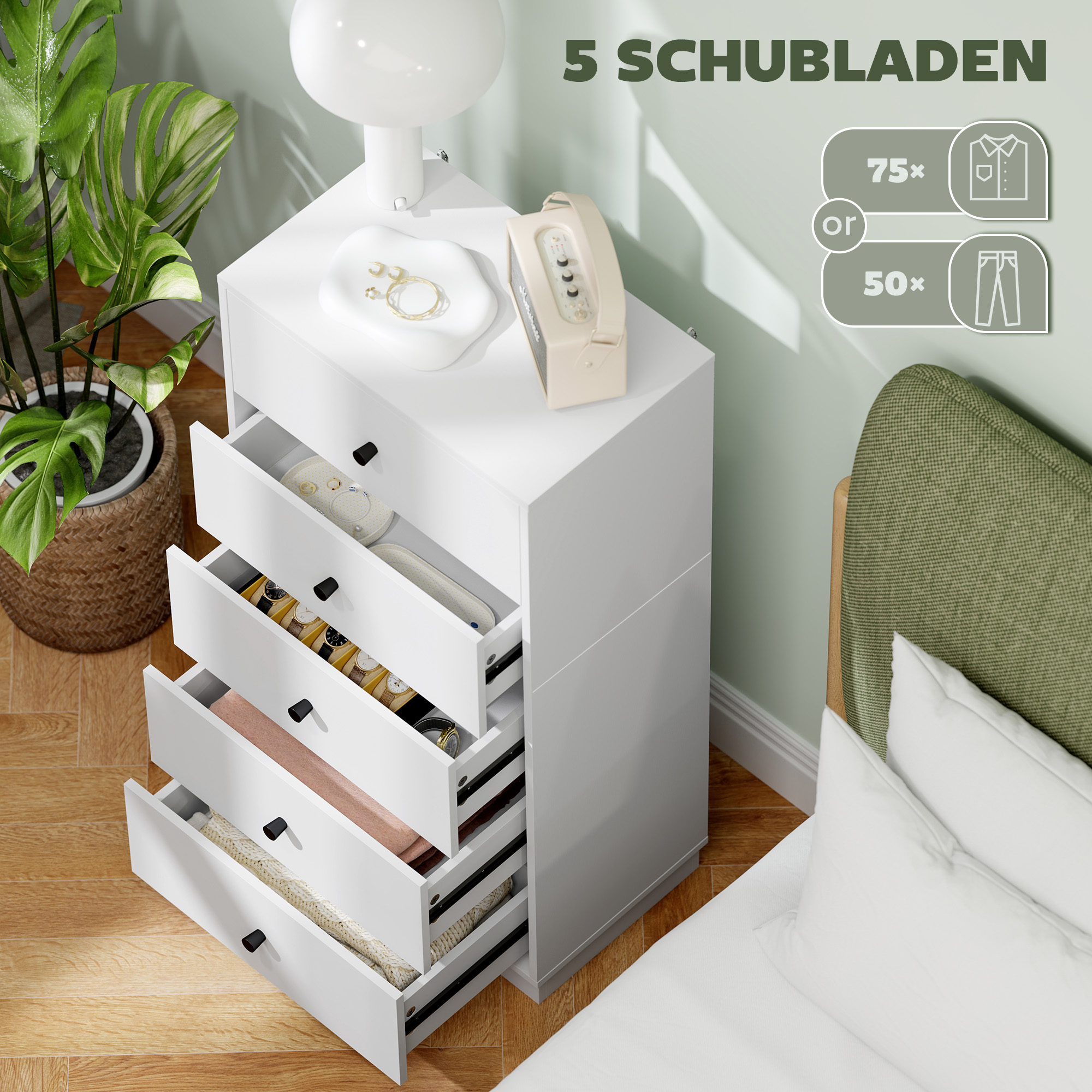 Kommode Sideboard mit 5 Schubladen Schrank aus Holzwerkstoff im Modern Stil 47 x 29 x 95 cm Weiß