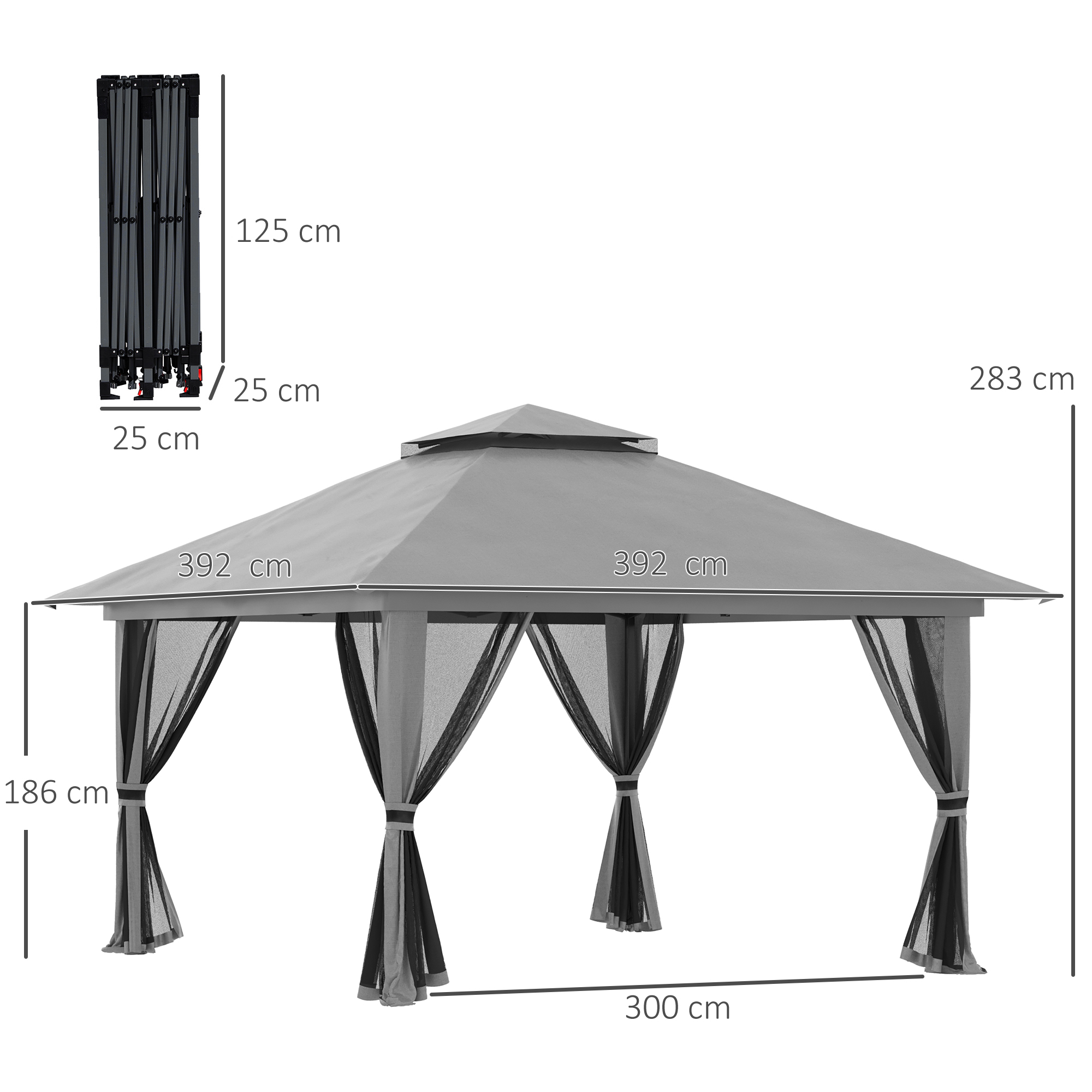 Faltpavillon, höhenverstellbar, 4 Netzwände, Lüftungsdach, Tragetasche, Schnellaufbau, dunkelgrau, 4 x 4 x 3 m