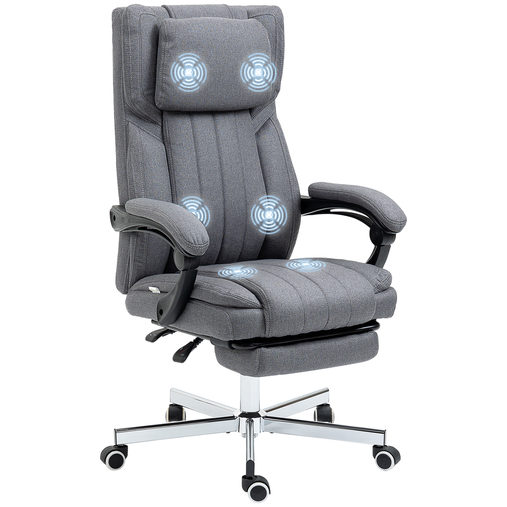 Bürostuhl mit Massagefunktion, neigbare Rücklehne, ausziehbare Fußstütze, Leinenoptik, grau, 65 x 61 x 113 cm