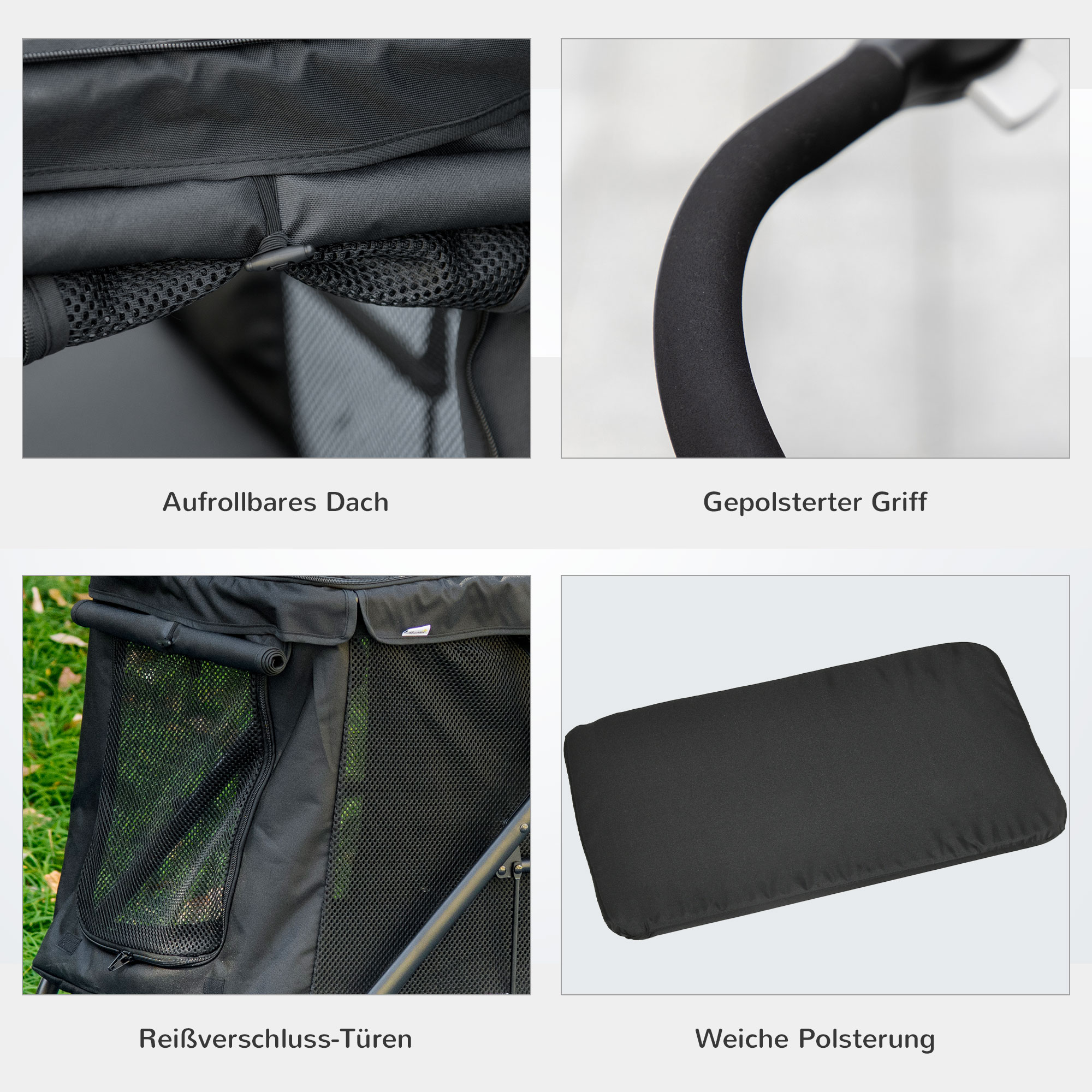 Hundetrolley inkl. Kissen, 3 Seitentaschen, klappbar, Hundewagen, 102 cm x 62 cm x 105 cm, Schwarz