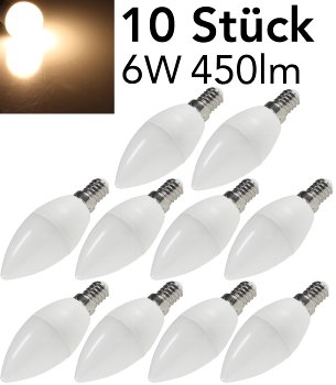 LED Kerzenlampe E14 "K50 Promo" 10er-Set - 3000k, 450lm, 230V/6W, 160°, warmweiß LED Kerzenlampe E14 "K50 Promo" 10er-Set - 3000k, 450lm, 230V/6W, 160°, warmweiß