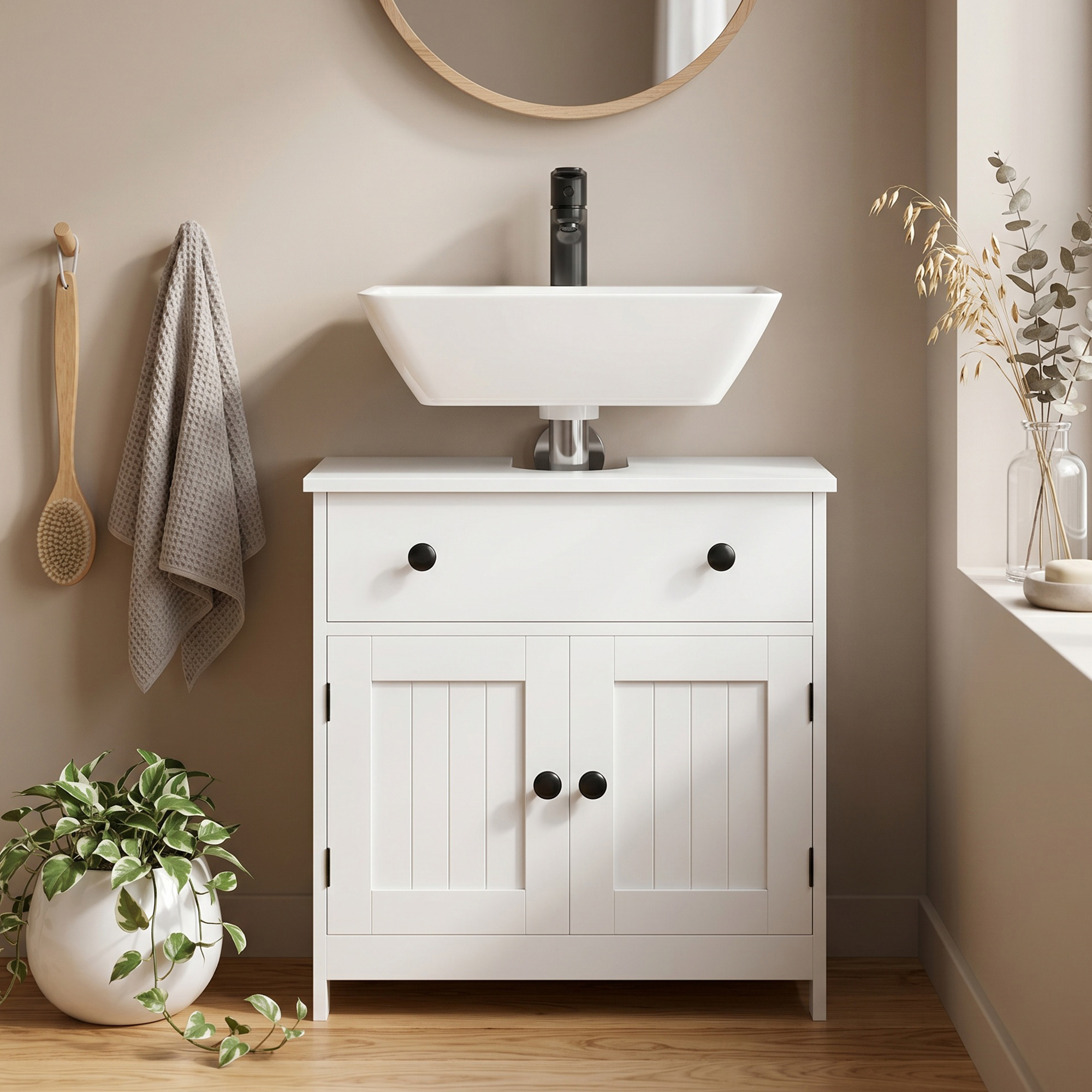 Waschbeckenunterschrank, modern und freistehend, mit Soft-Close-Scharnieren, Schublade und 2 Türen, Weiß