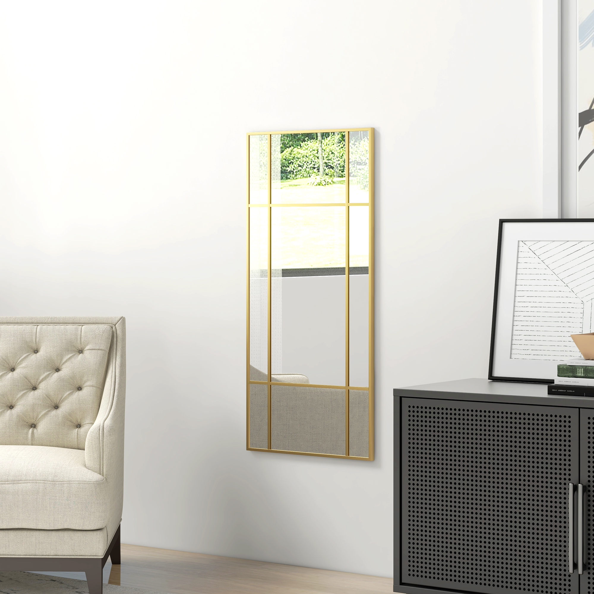 Wandspiegel, dekorativer Spiegel mit Metallrahmen, goldfarbene Streifen, Mehrschichtglas, 110B x 2T x 50H cm