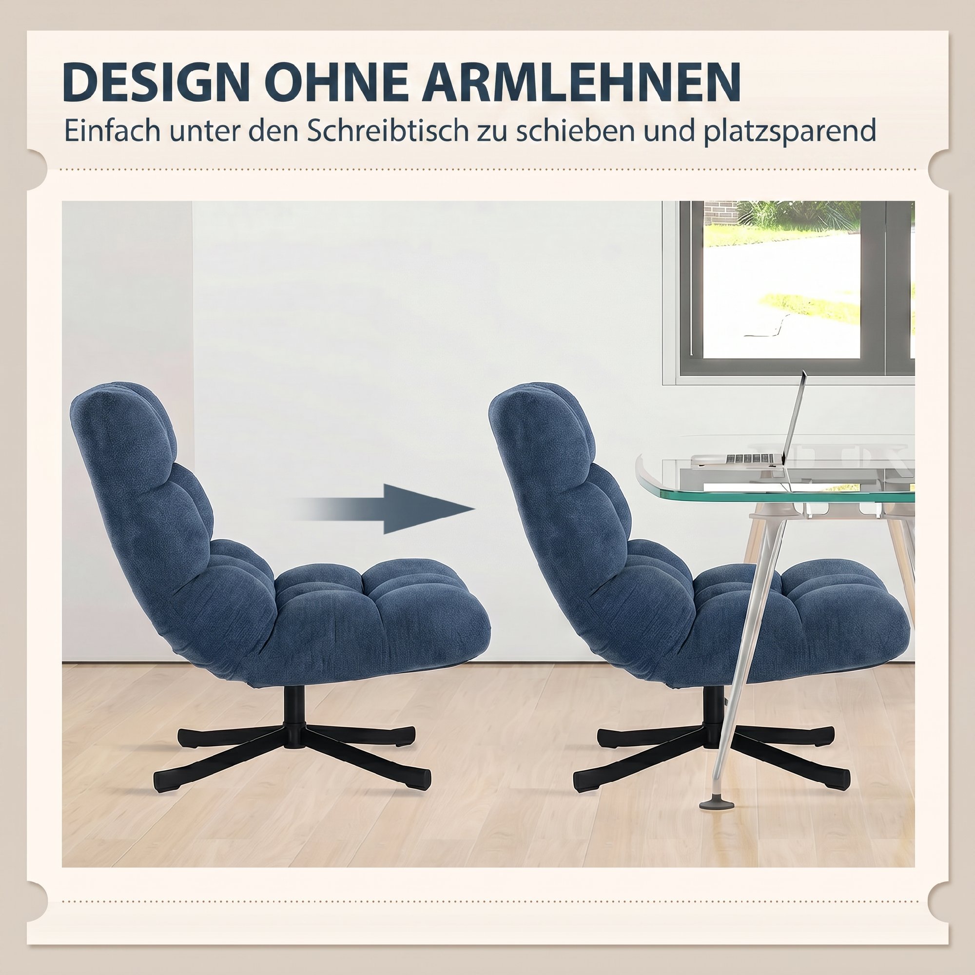 Drehbarer Akzentstuhl, Moderner Lounge-Sessel ohne Armlehnen mit Stahlbeinen, Dunkelblau
