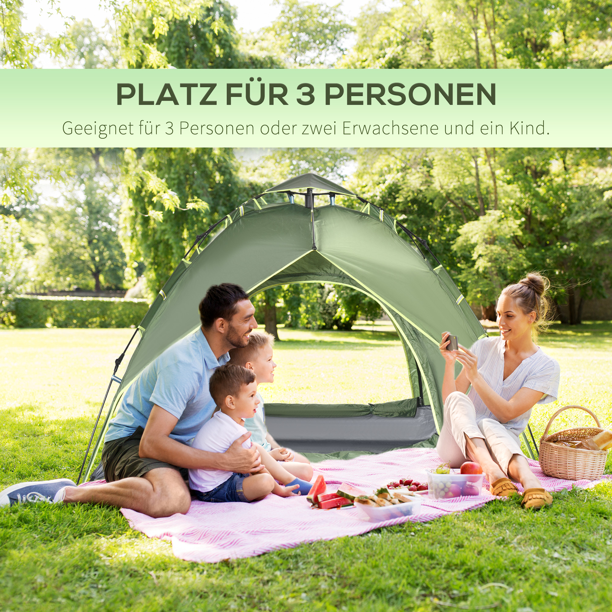 Doppelzelt Campingzelt Outdoorzelt Familienzelt Quick-Up-Zelt 2 Erwachsene + 1 Kind 4 Jahreszeiten wasserdicht Tragetasche 2 Türen Polyester + Glasfaser Dunkelgrün 210 x 210 x 140 cm