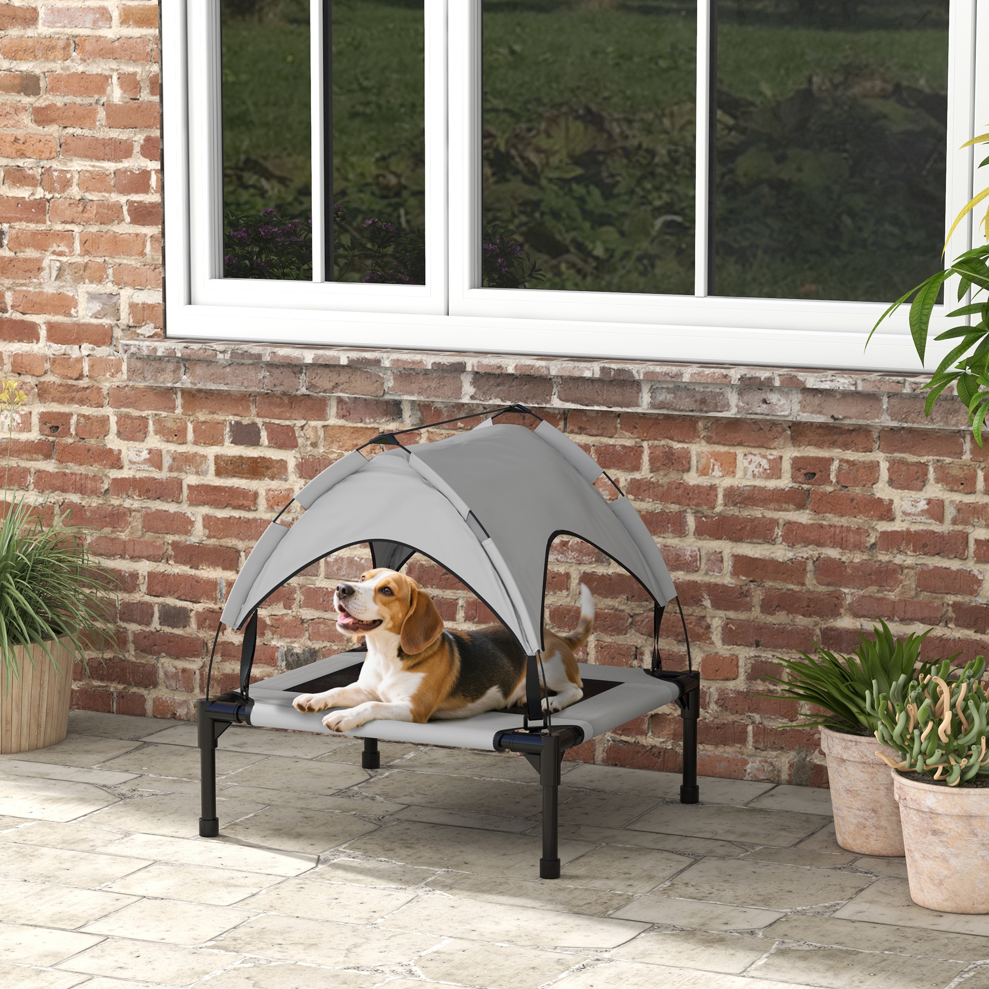 Hundebett mit Dach, atmungsaktiv, wasserabweisend, bis 20 kg, 76 x 61 x 69,5 cm, Hellgrau