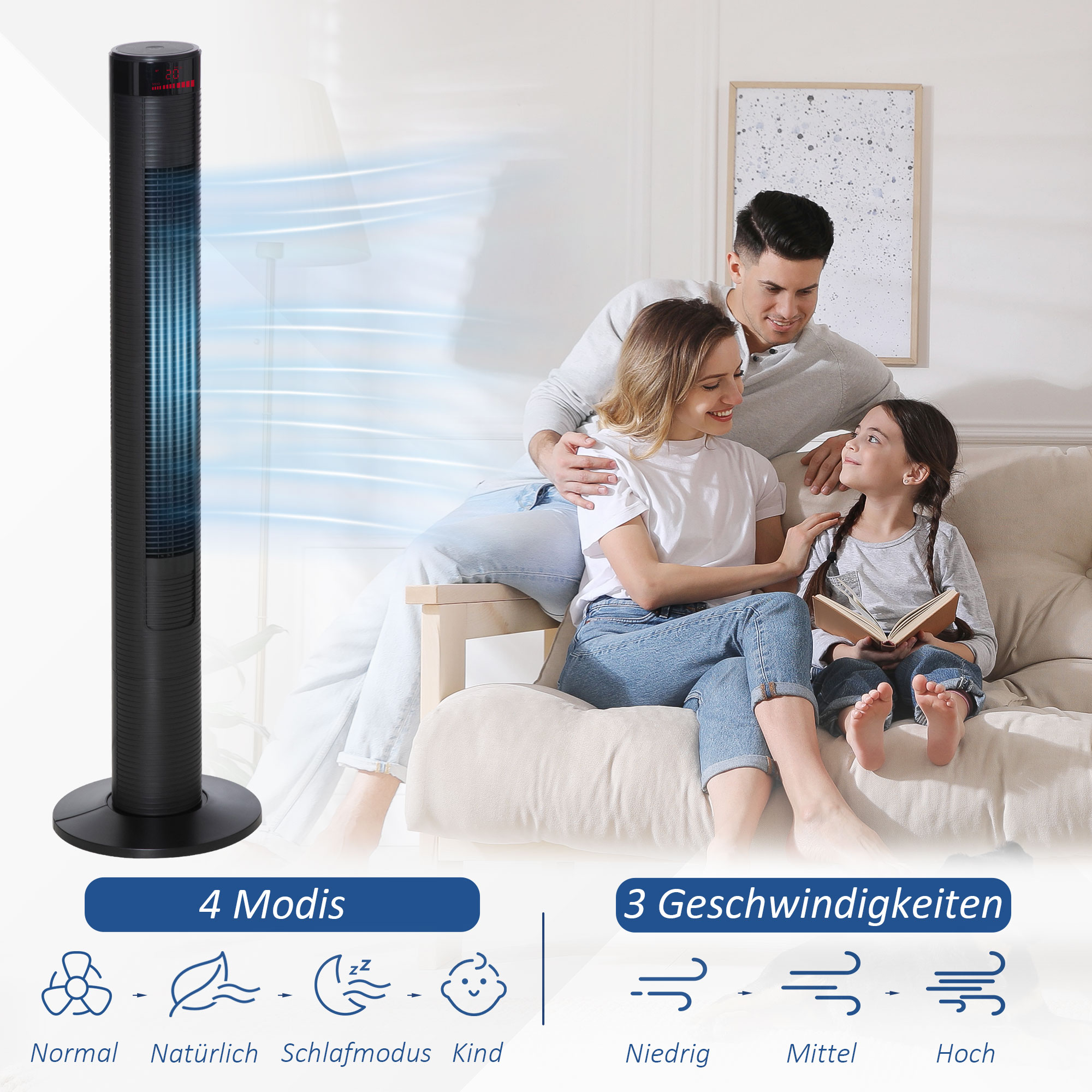 Turmventilator leise mit Fernbedienung 117 cm 70° Oszillierende Ventilator Standventilator mit 4 Modi, 3 Geschwindigkeiten, 12 Std.-Timer, LED-Anzeige, Schwarz