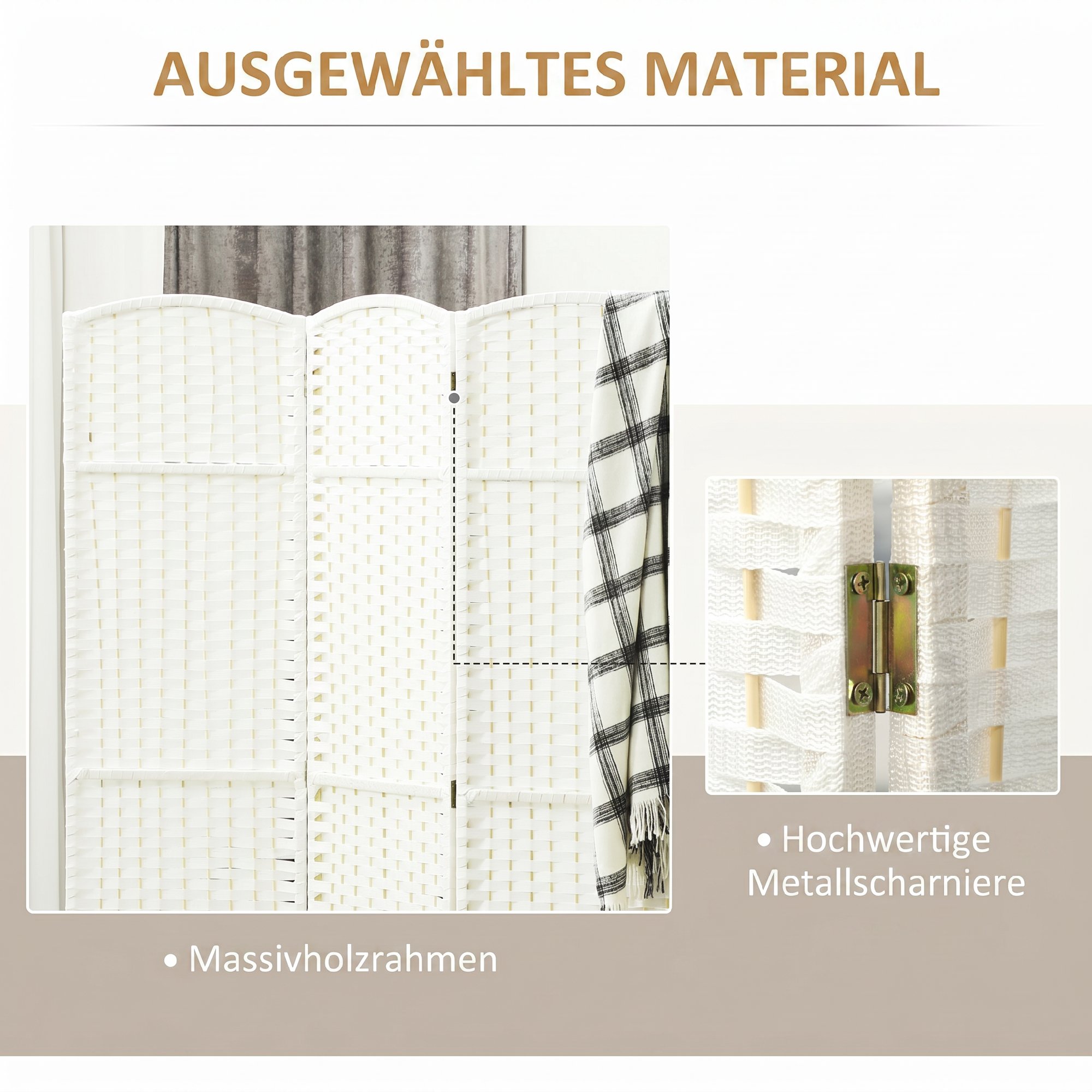 8-teiliger Raumtrenner, Faltbarer Sichtschutz, Sichtschutzwand für Wohnzimmer, Schlafzimmer, Homeoffice, Weiß