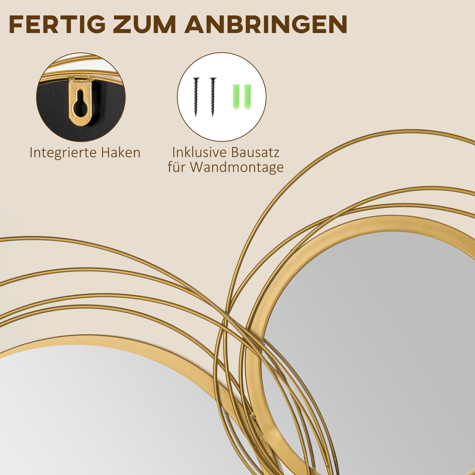 Spiegel-Set für Wanddekoration, Wandschmuck mit 4 runden Spiegeln, Wandspiegel, Flurspiegel,107 x 4 x 56 cm
