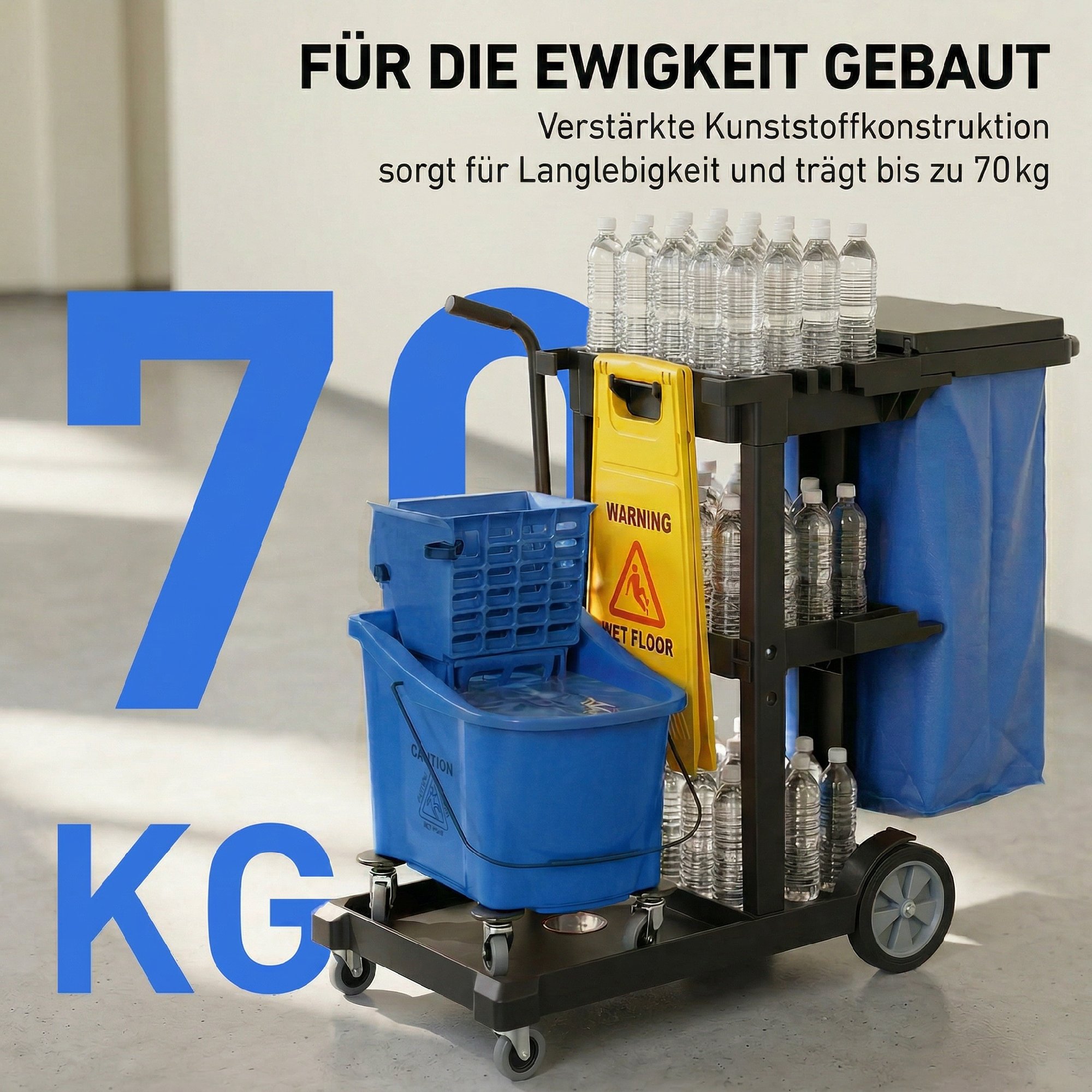 Reinigungskarre, Rollender Putzwagen mit 3 Ablagen, 70-Liter-Müllsack, Mop-Wringer-Eimer, Blau
