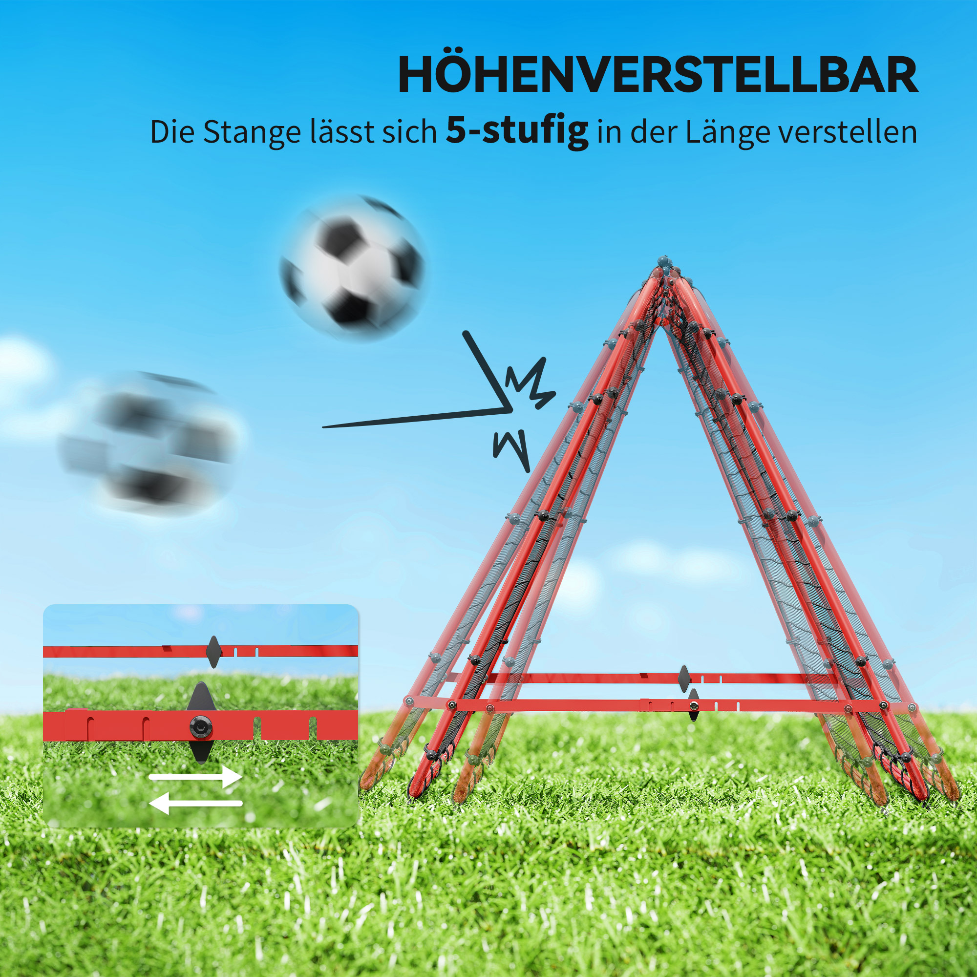 Fußballtor, verstellbar, klappbar, Metallrahmen, 100 x 68-95 cm, Rot