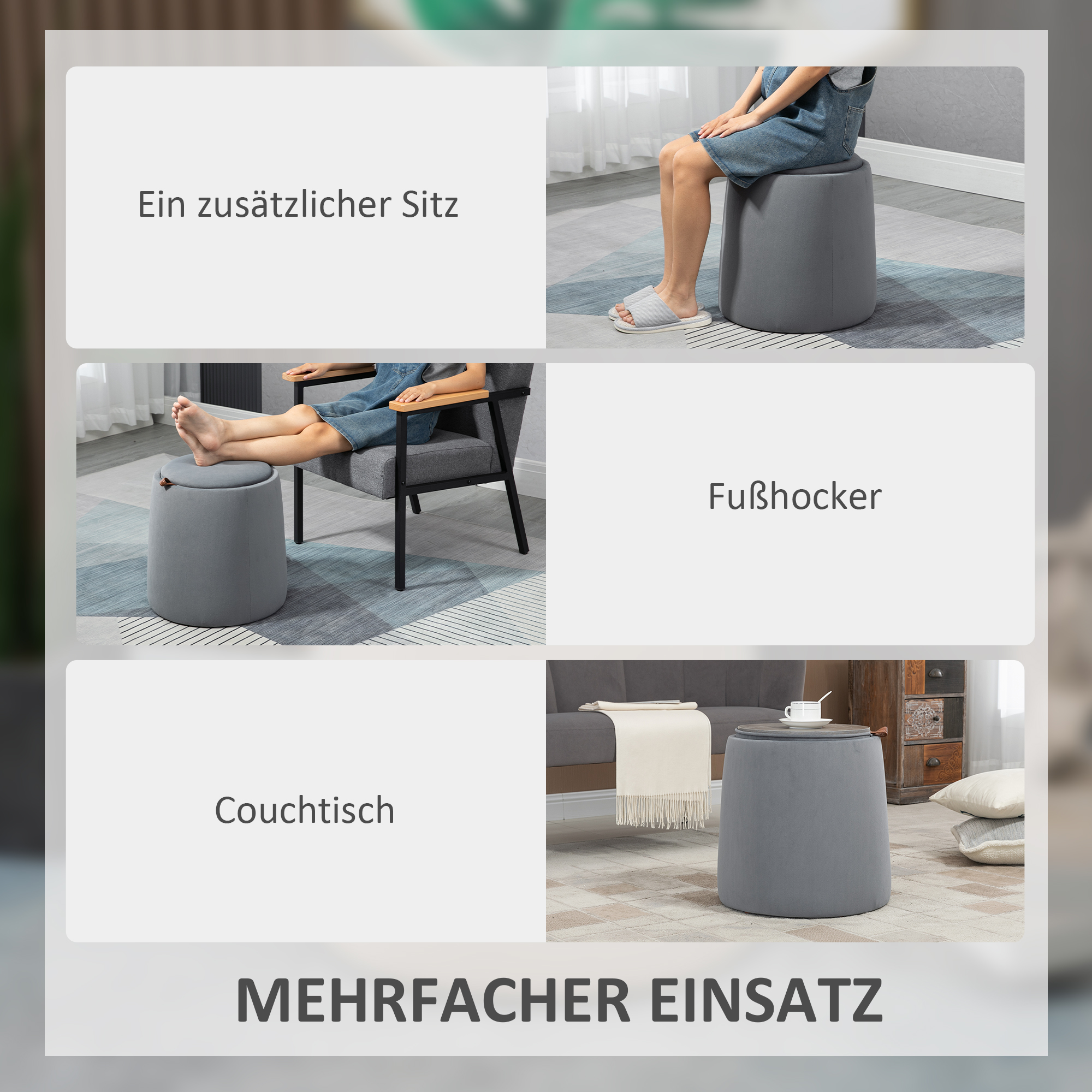 2-in-1 Hocker in Samtoptik inklusive Stauraum und abnehmbaren Deckel Ø44 cm x 47,5 cm Grau