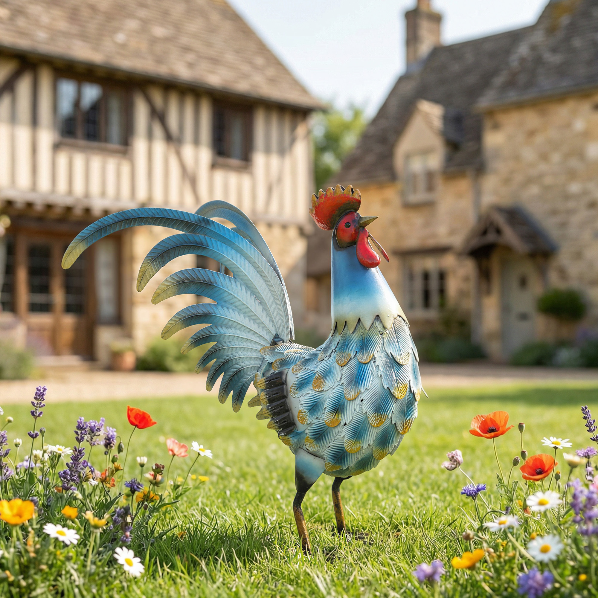 Hahn-Gartenstatue, Metall-Gartenfigur, 41 cm stehende Hahn-Skulptur mit Bodenankern, Mehrfarbig