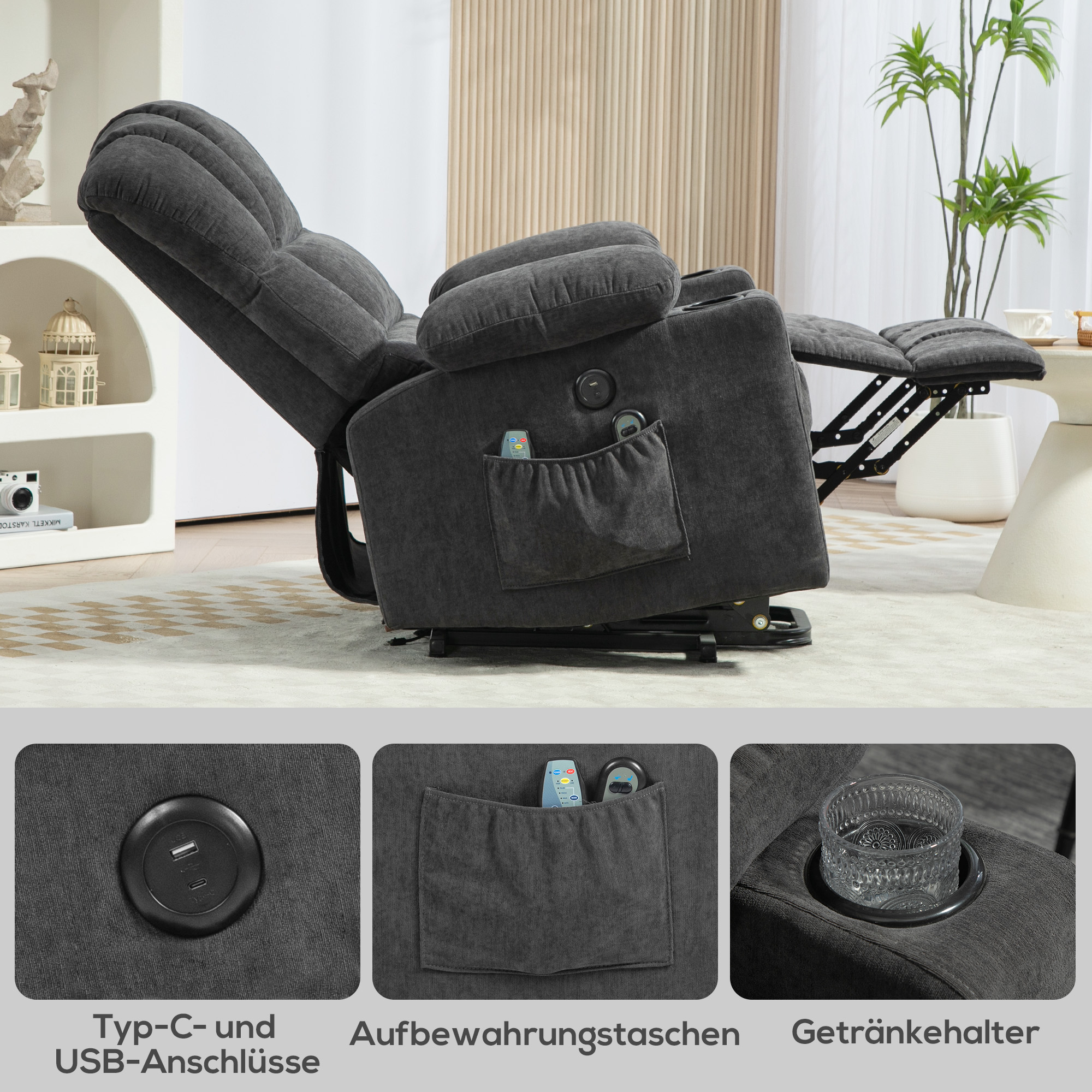 Elektrischer Power Lift Aufsteh-Sessel mit Massage- und Wärmefunktion, USB-Anschlüssen, Becherhaltern, Dunkelgrau
