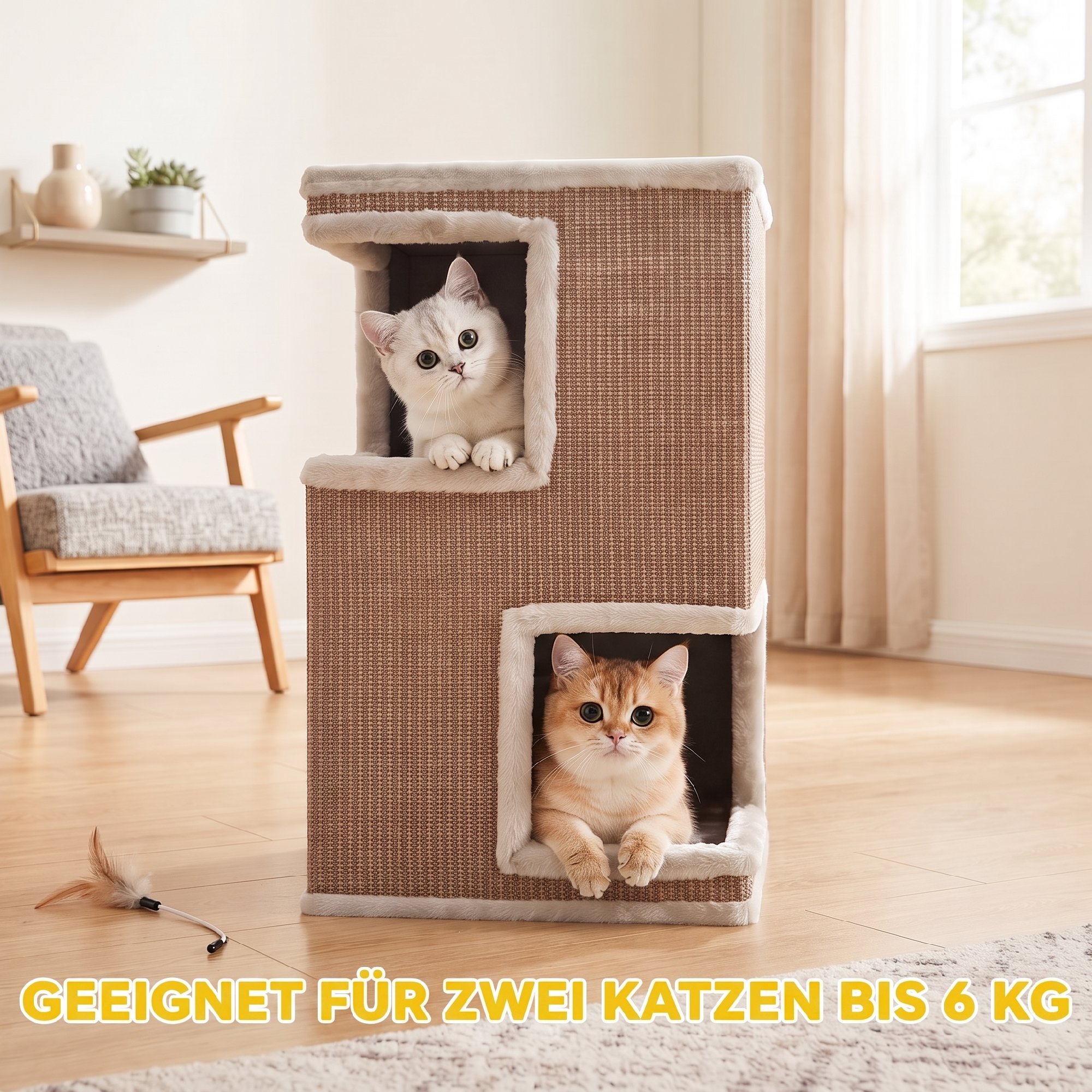 3-stöckige Katzentonne für drinnen, halbgeschlossene Katzenhöhle mit Kratzflächen rundum, 2 Katzenhöhlen