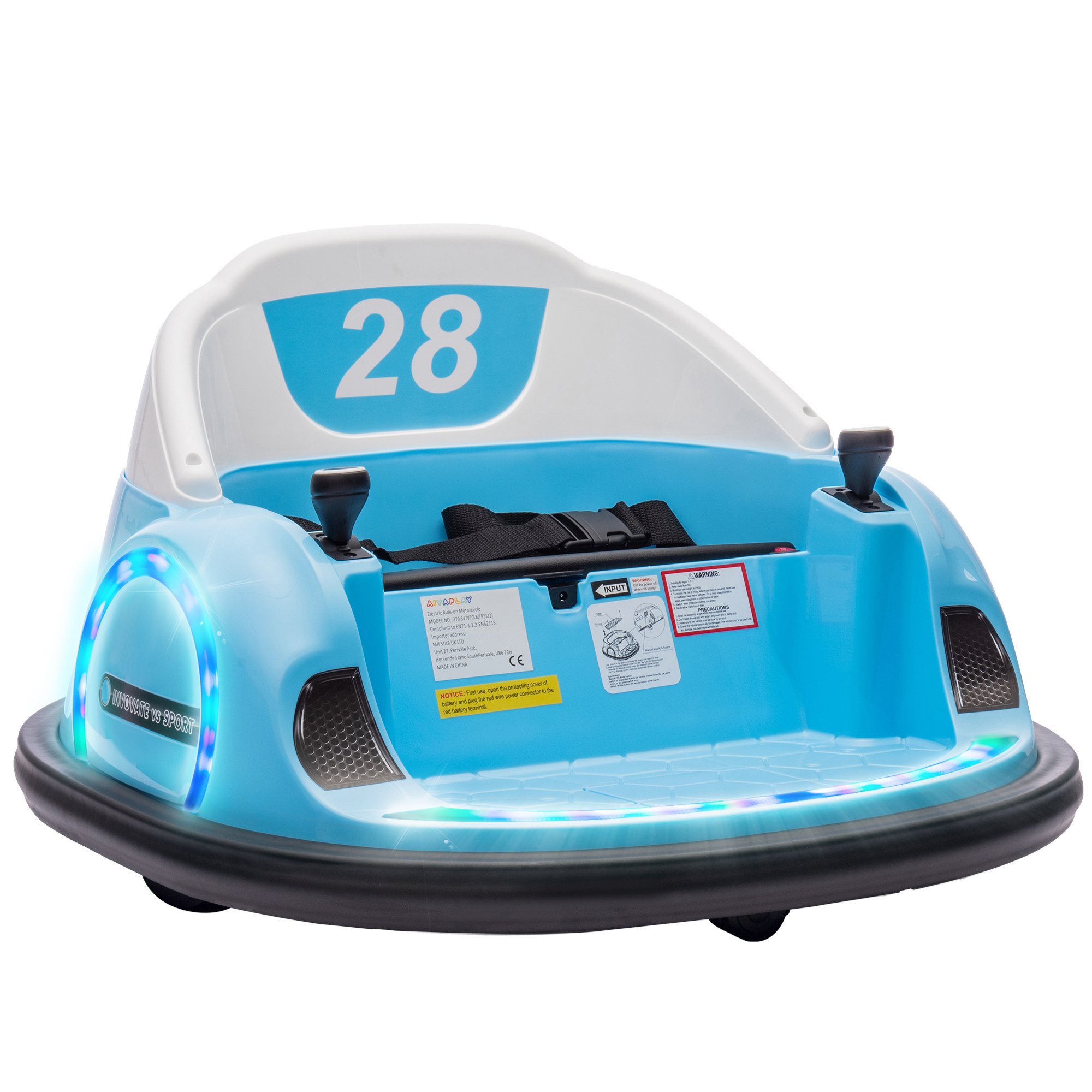 Autoscooter, 360° Rotation, 2 km/h Geschwindigkeit, Sicherheitsgurt, LED-Lichter, Musik und Hupe, Blau