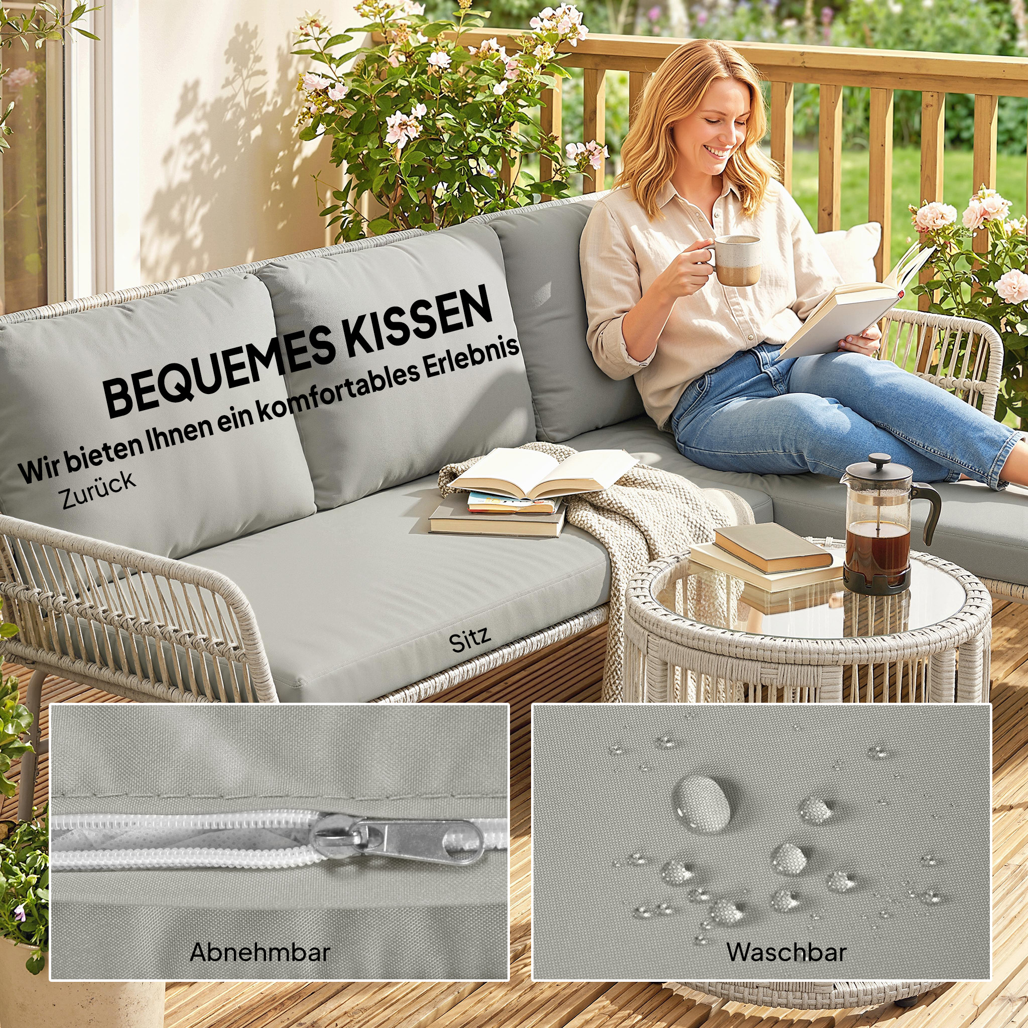 Polyrattan Gartenmöbel Set 3-teilig mit Sonnenliege Zweisitzersofa Couchtisch abnehmbar Kissen Hellgrau