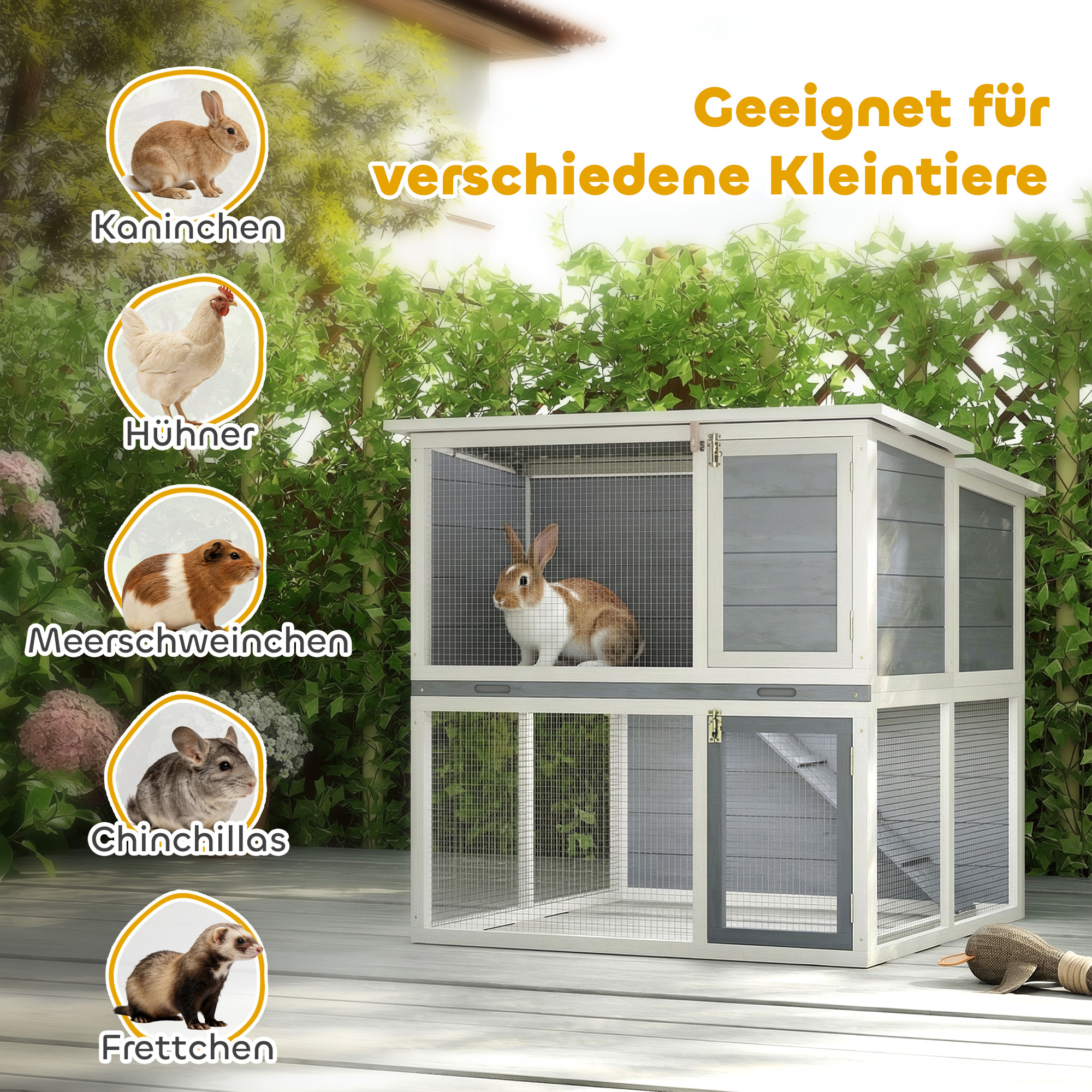 Hasenstall 2 Etagen Kaninchenstall aus Holz mit wetterfest aufklappbar Dach, Freilaufgehege, Rampe, 98x95x102,5 cm Grau