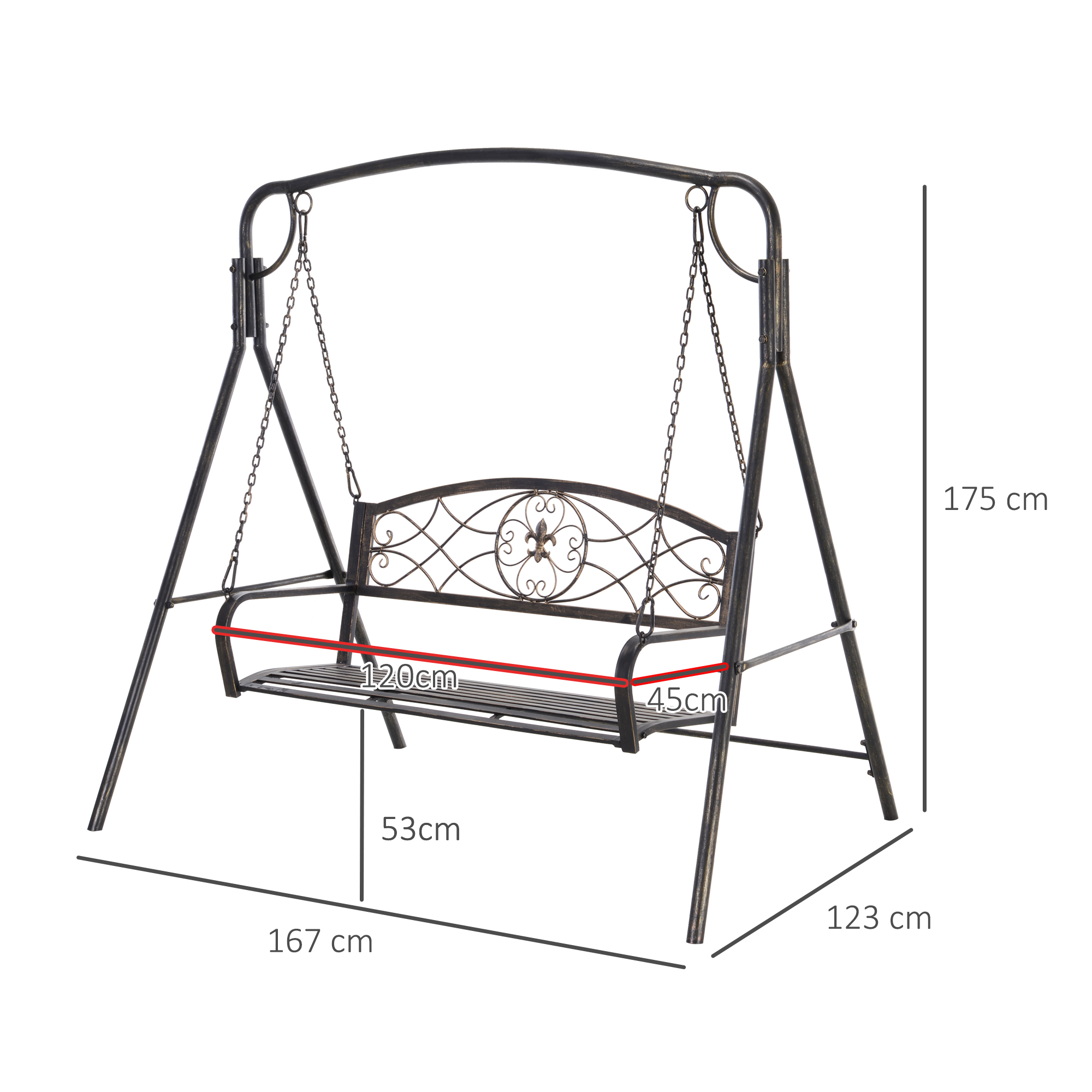 Gartenschaukel Schaukelbank für den Garten Outdoor-Schaukel, Vintage Design, Messing-Optik, 167 cm x1 23 cm x 175cm
