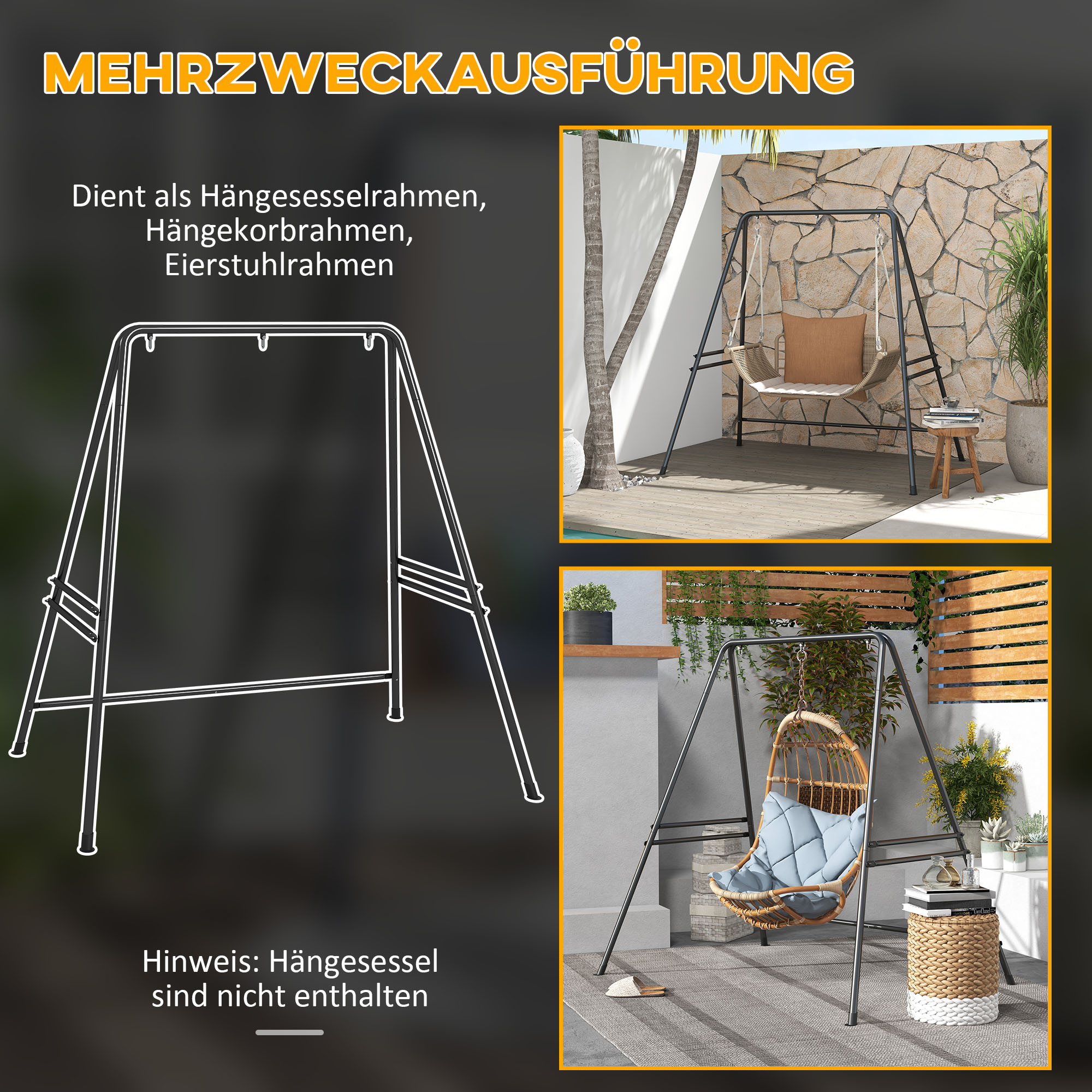 Hängestuhlgestell, robust & wetterfest, Indoor & Outdoor, bis 150 kg, Stahl, 178 x 143 x 180 cm, Schwarz